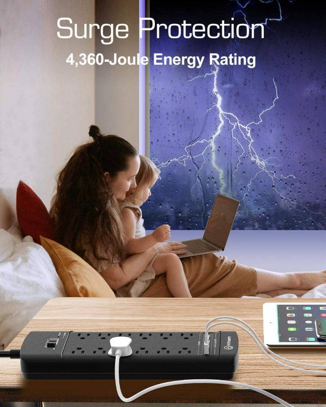 Power Strip,Witeem Surge Protector with 12-Outlet (1875W/15A,4360Joules) and 4 USB Charging Ports (5V/6A,30W),6Ft Extension Cord,Wall Mountable Overload Protection Outlet for Home & Office, Black