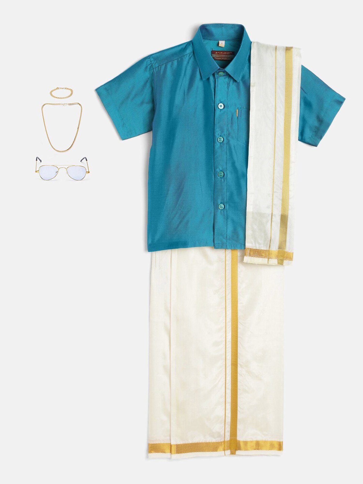 THANGAMAGAN Kids Sky Blue & Cream Solid  Shirt,  Dhoti,  Towel With  Freebies Set