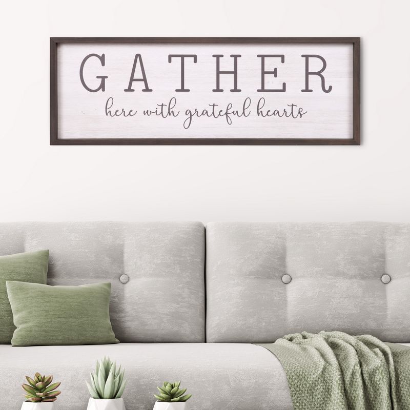 13" x 37" Gather with Grateful Hearts Rustic Wood Framed Wall Art White - Patton Wall Decor