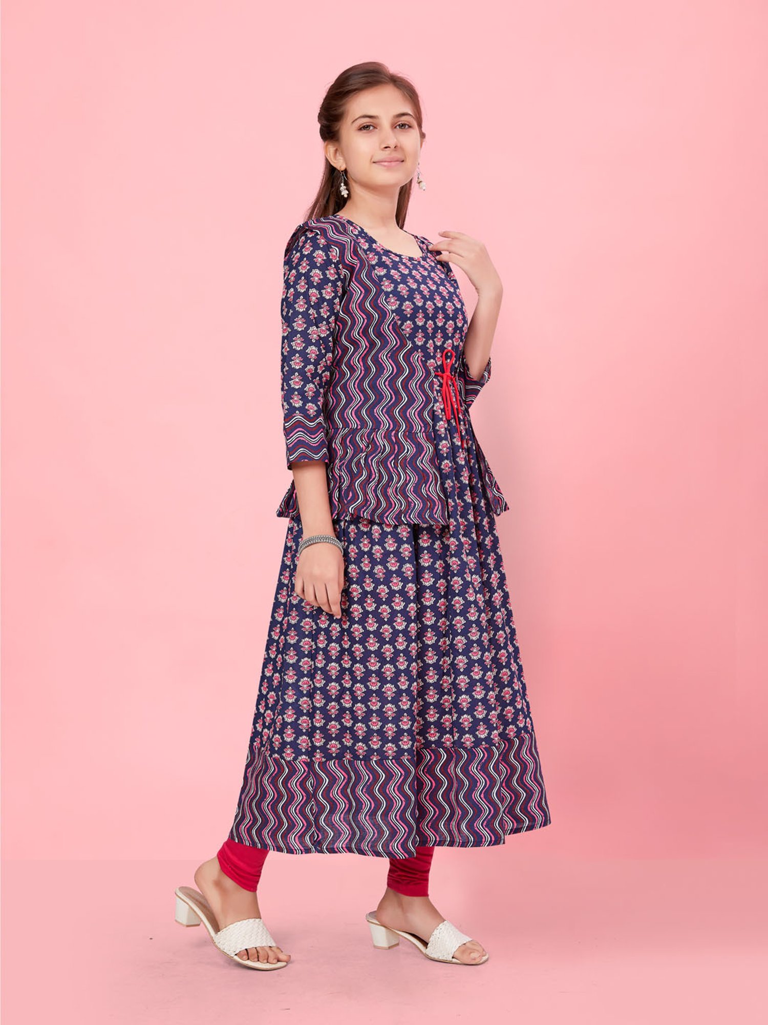 Aarika Kids Navy Floral Print Kurti with Jacket