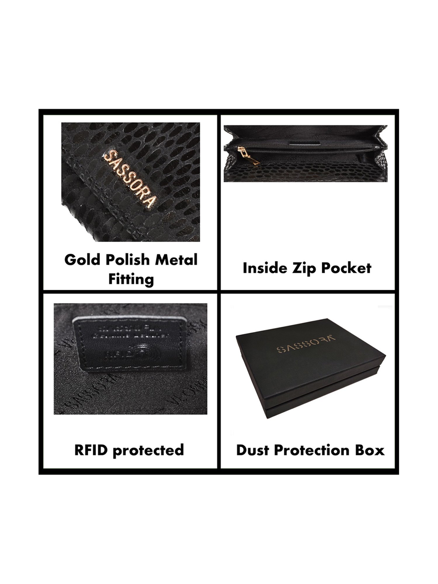SASSORA Black Textured Rfid Wallet for Women