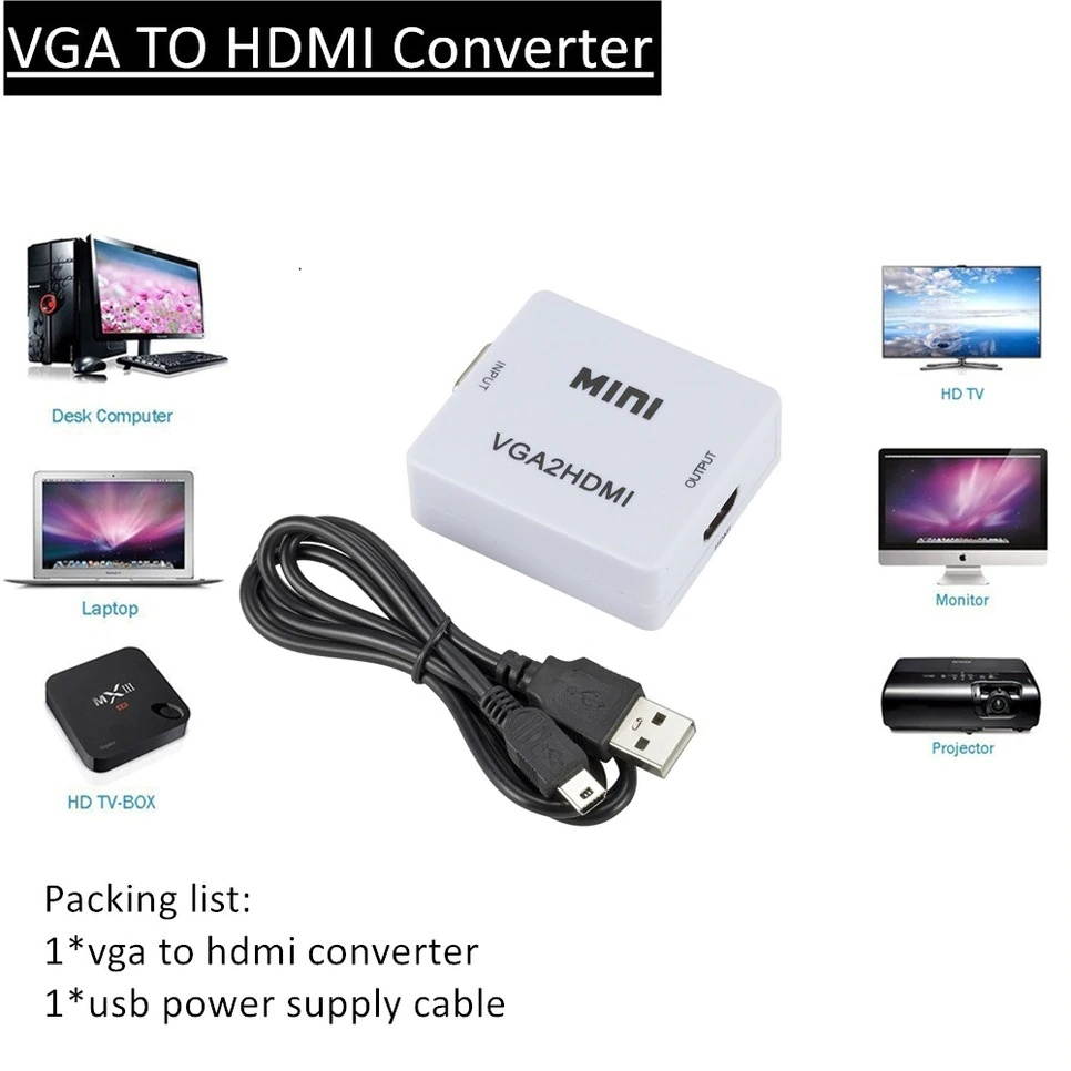 BGGQGG 1080P VGA 2 HDMI Audio Adapter Connector VGA2HDMI Mini VGA to HDMI Converter with Audio for PC Laptop to HDTV Projector