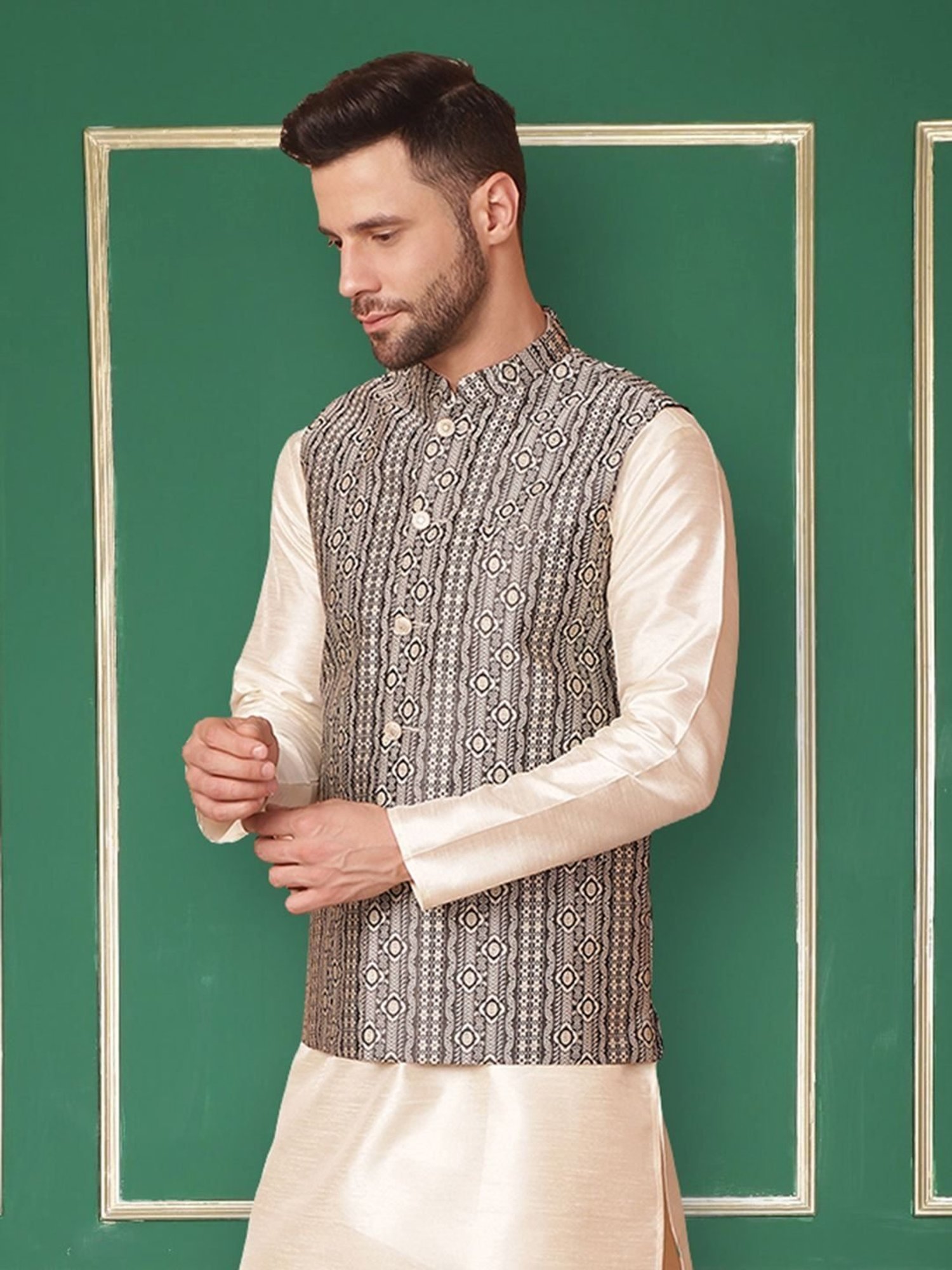 Jompers Black Regular Fit Printed Nehru Jacket