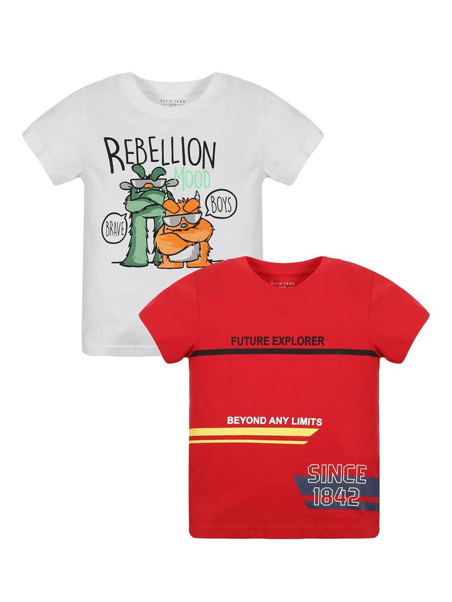 Plum Tree Boys White & Red Printed T-Shirt (Pack Of 2)