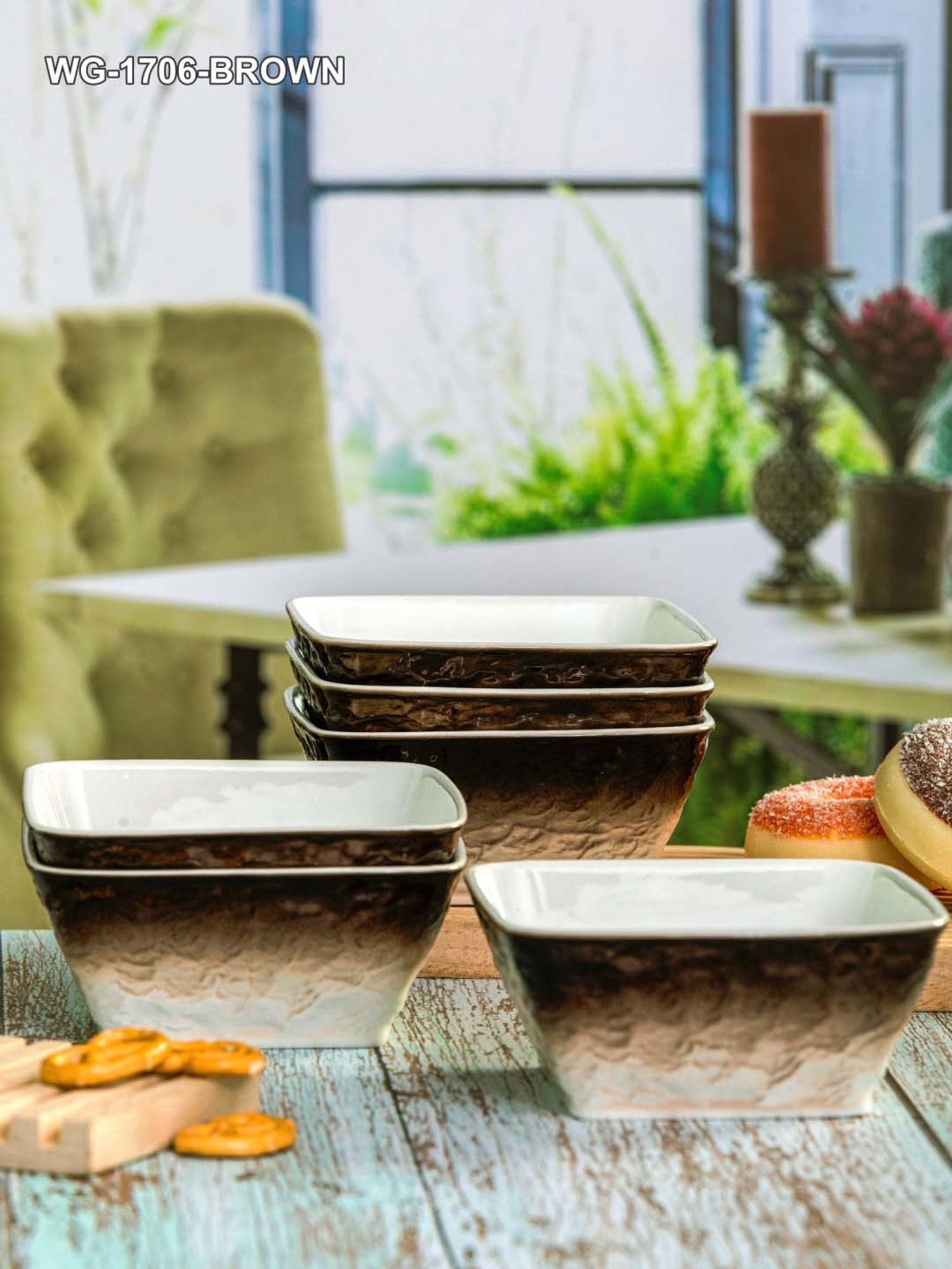 White Gold White & Brown Porcelain Bowls - Set of 6