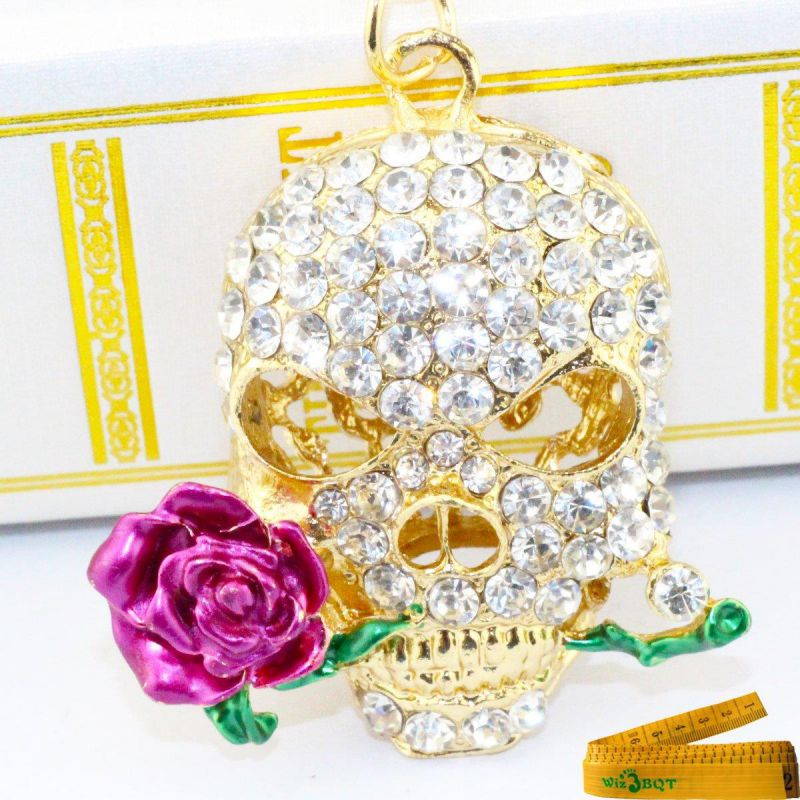 Cool 3D Skull with Dark Red or Purple Rose Flower Crystal Rhinestone Alley Metal Bling Bling Key Chain Ring Keychain Cell Phone Car Bag Purse Charm Decor Pendant Decoration Ornament