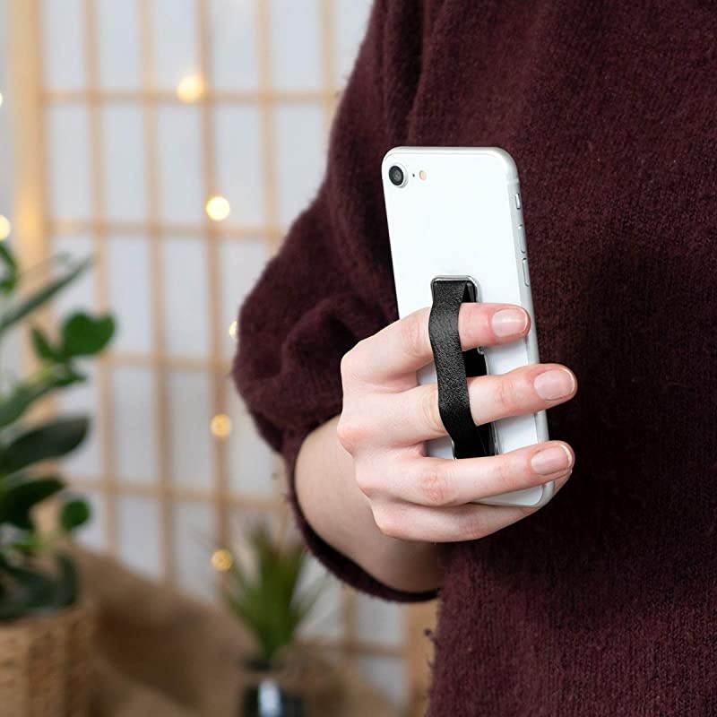 Universal Elastic Finger Holder for Smartphones PU Leather Stretch Grip Finger Strap with Stand Compatible with All Smartphones Black