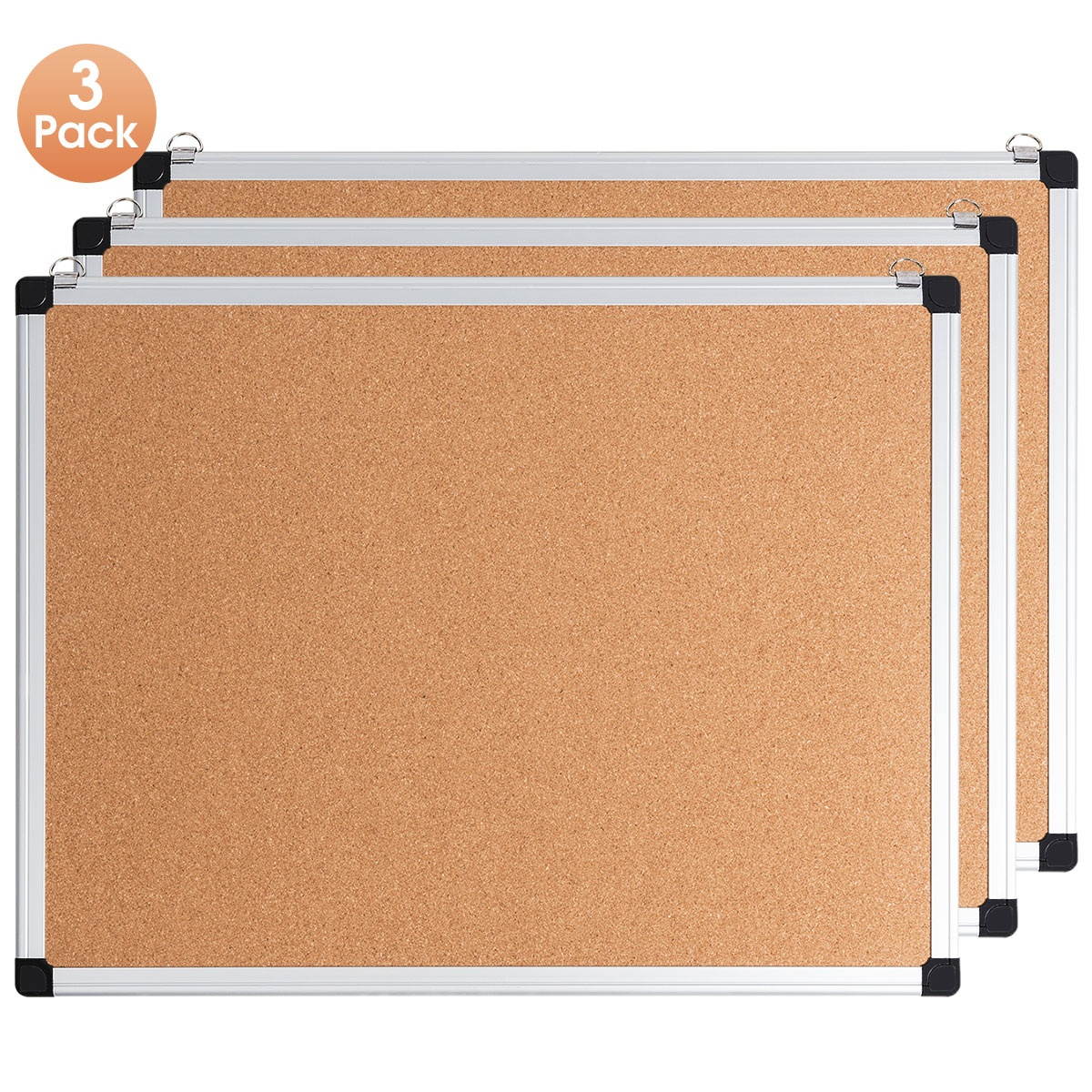 Costway 3 Pack Cork Bulletin Board 24'' x 18'' Wall Mounted Notice Board w/Aluminium Frame
