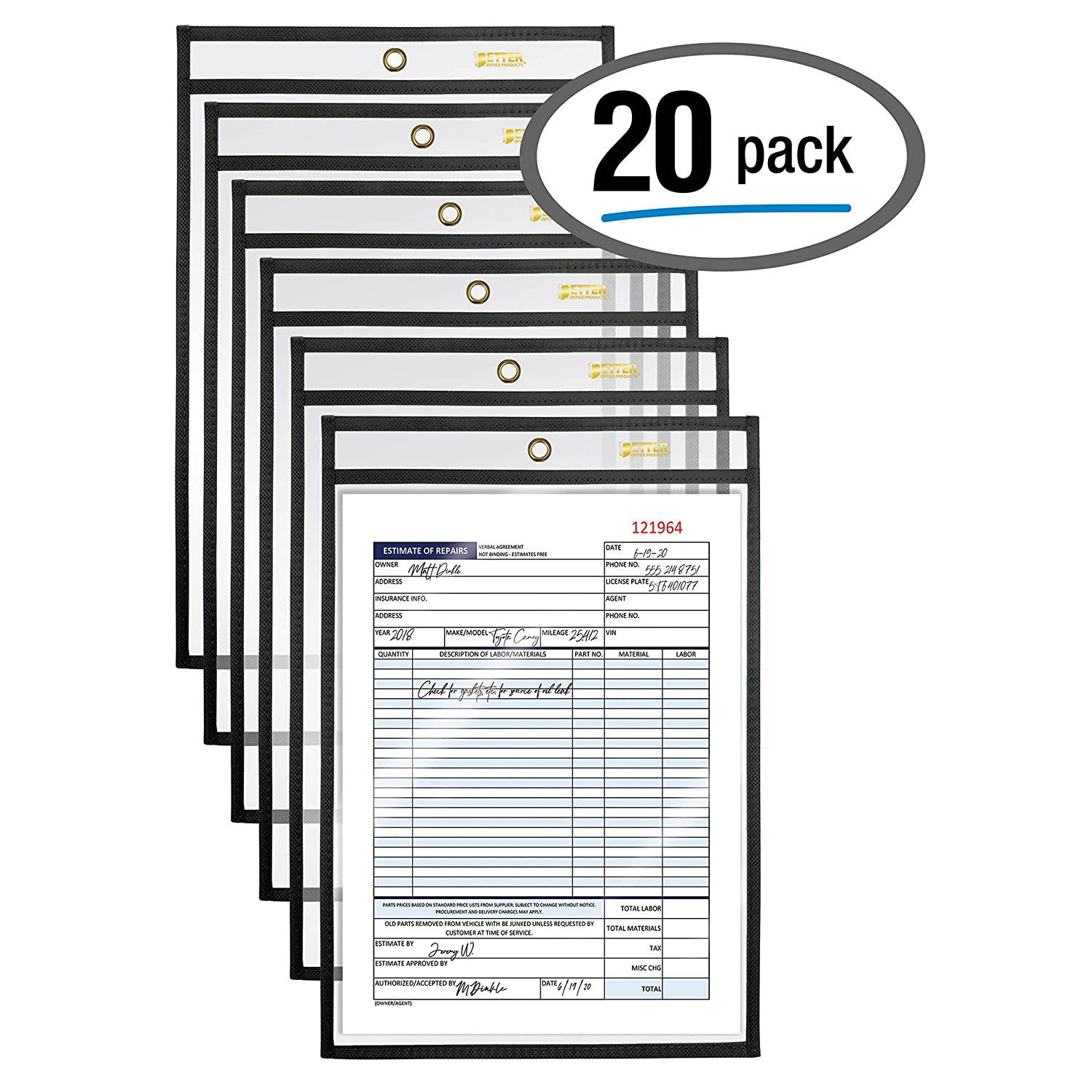 Shop Ticket Holders, 6 x 9 Inches, Both Sides Clear, Stitched Black Edge Trim, by Better Office Products, 20 Pack