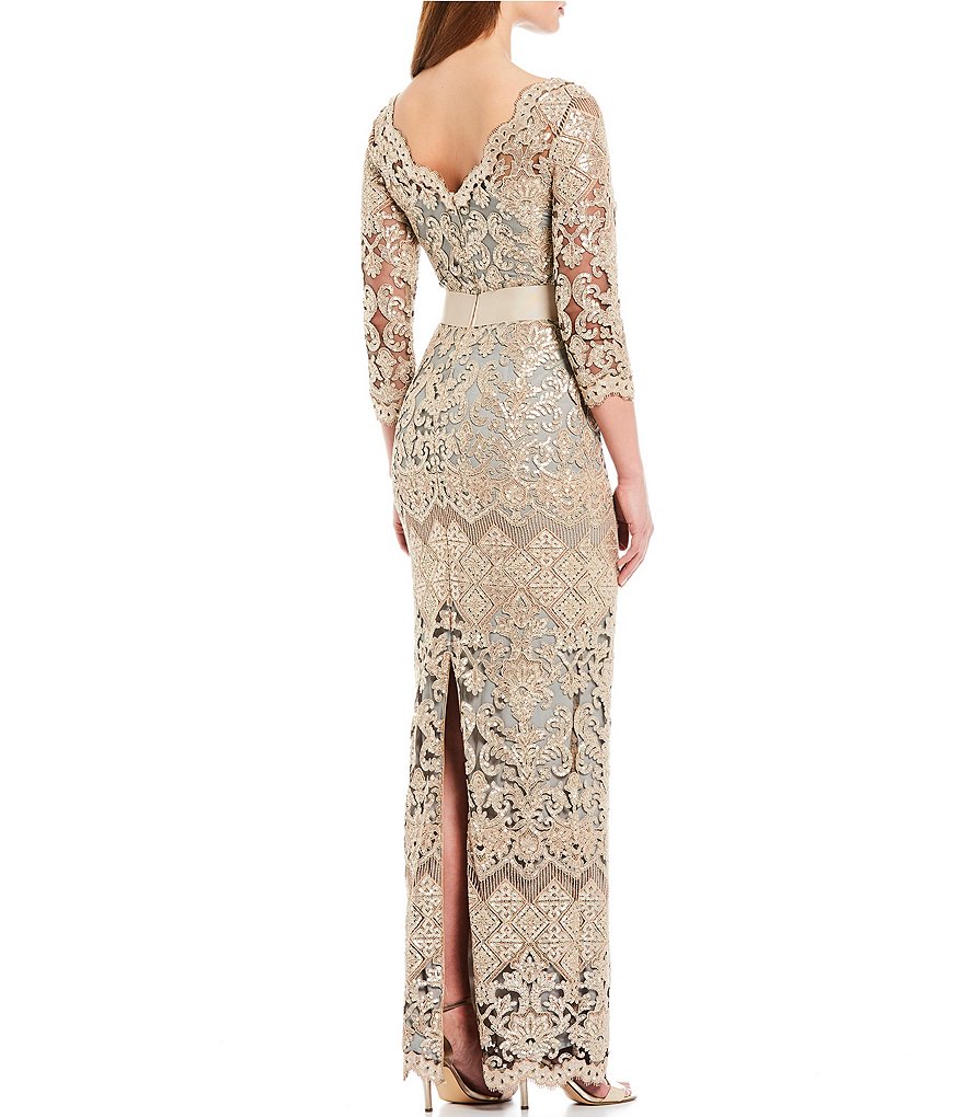 Tadashi Shoji Boat Neck Sequin Lace Illusion Ribbon Belt Gown