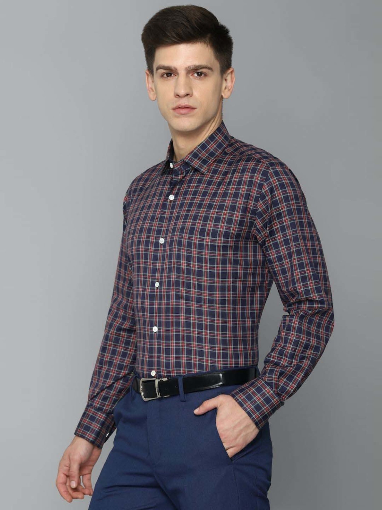 Luxure By Louis Philippe Navy Blue Regular Fit Checks Shirt