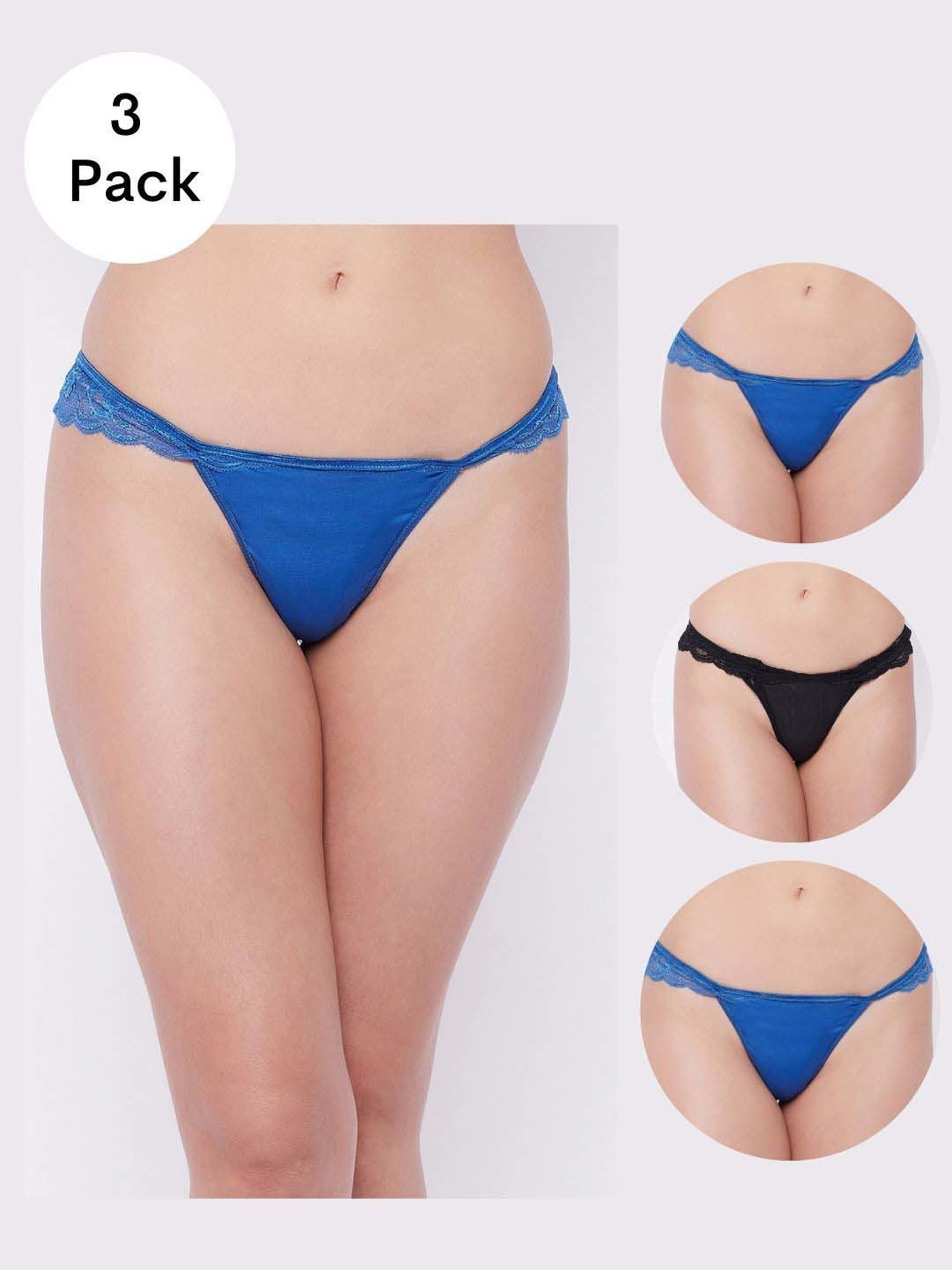Secrets By ZeroKaata Black & Blue Lace Work Thong Panty - Pack Of 3