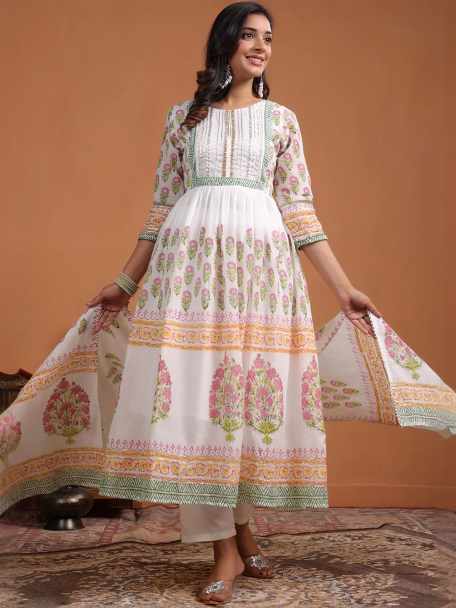 SCAKHI White Cotton Floral Print Kurta Pant Set With Dupatta