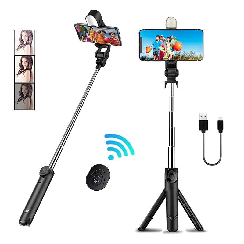Selfie Stick with Light 3 in 1 Lightweight Extendable Selfy Sticks Tripod with Detachable Wireless Remote ShutterCompatible with iPhone 11 Xs max XR X Pro 8 7 6s PlusGalaxy S10 9 8 and More