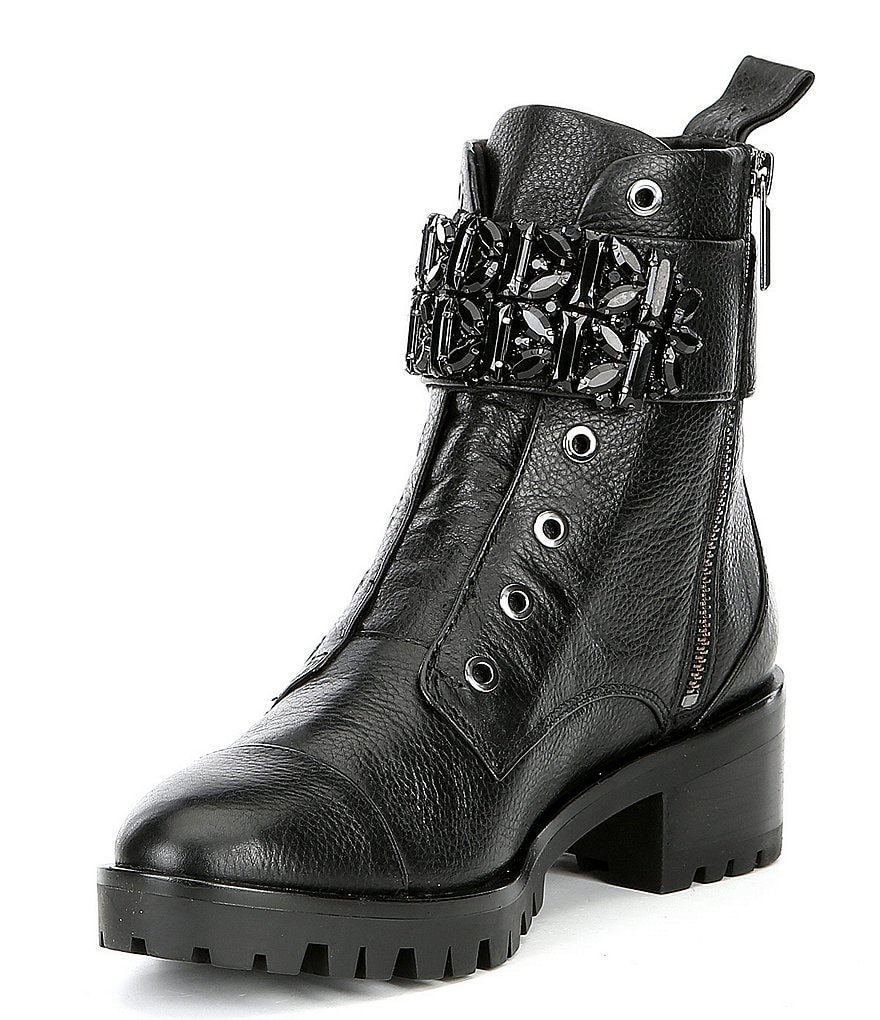 KARL LAGERFELD PARIS Pippa Jeweled Strap Leather Lug Sole Combat Booties