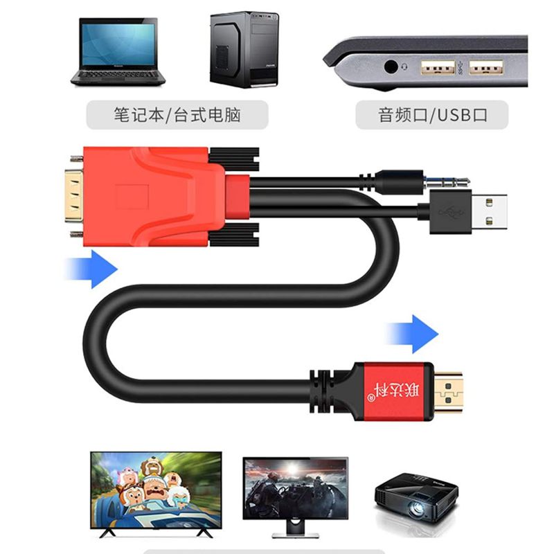 VGA to HDMI Video Adapter Converter Cable with Audio Support and USB Power Gold-Plated Active 1080P Cord for HDTV PC Laptop Projector Monitor DVD (2m / 6.6ft, VGA-> HDMI (RED))