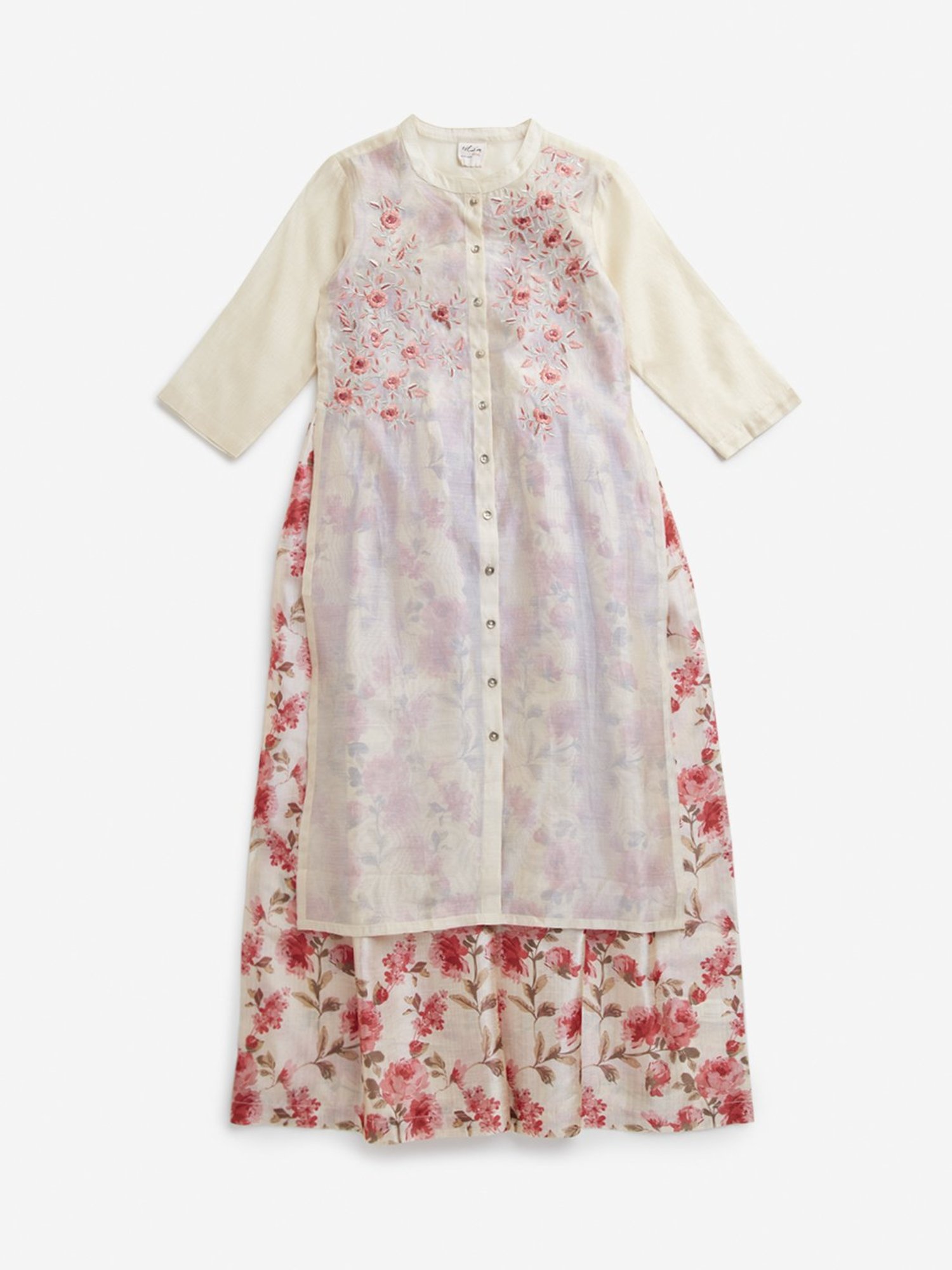 Utsa Kids by Westside Ivory Floral Embroidery Straight Kurta with Inner