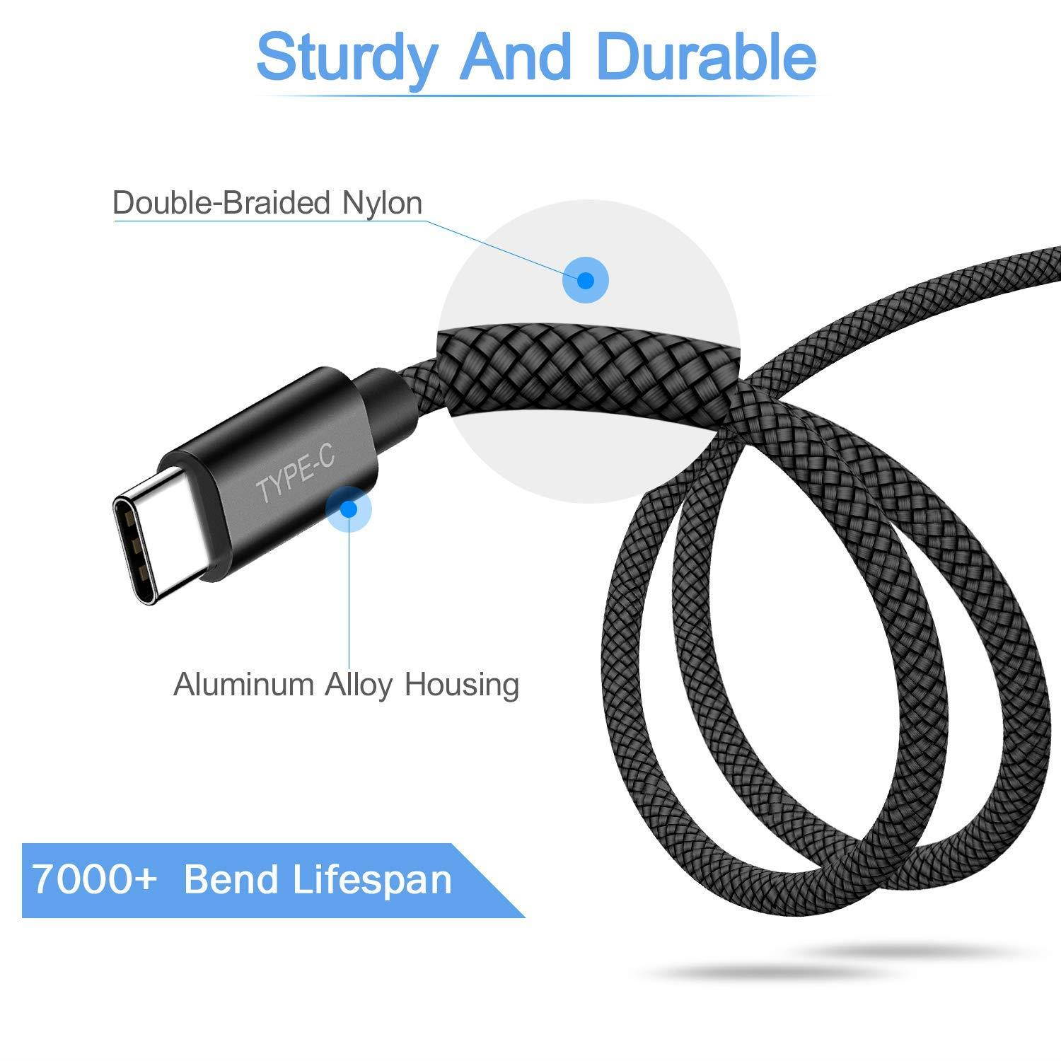 USB Type C Charger Cable 6.6FT,2-Packs,Basesailor Nylon Braided Charging Cord,Works with Samsung Galaxy Note 9 8 S8 S9 Plus,LG V40 V35 V30 G7 G6 Thinq,Google Pixel 3 2 XL,Moto Z3,ZTE Blade Zmax,Black