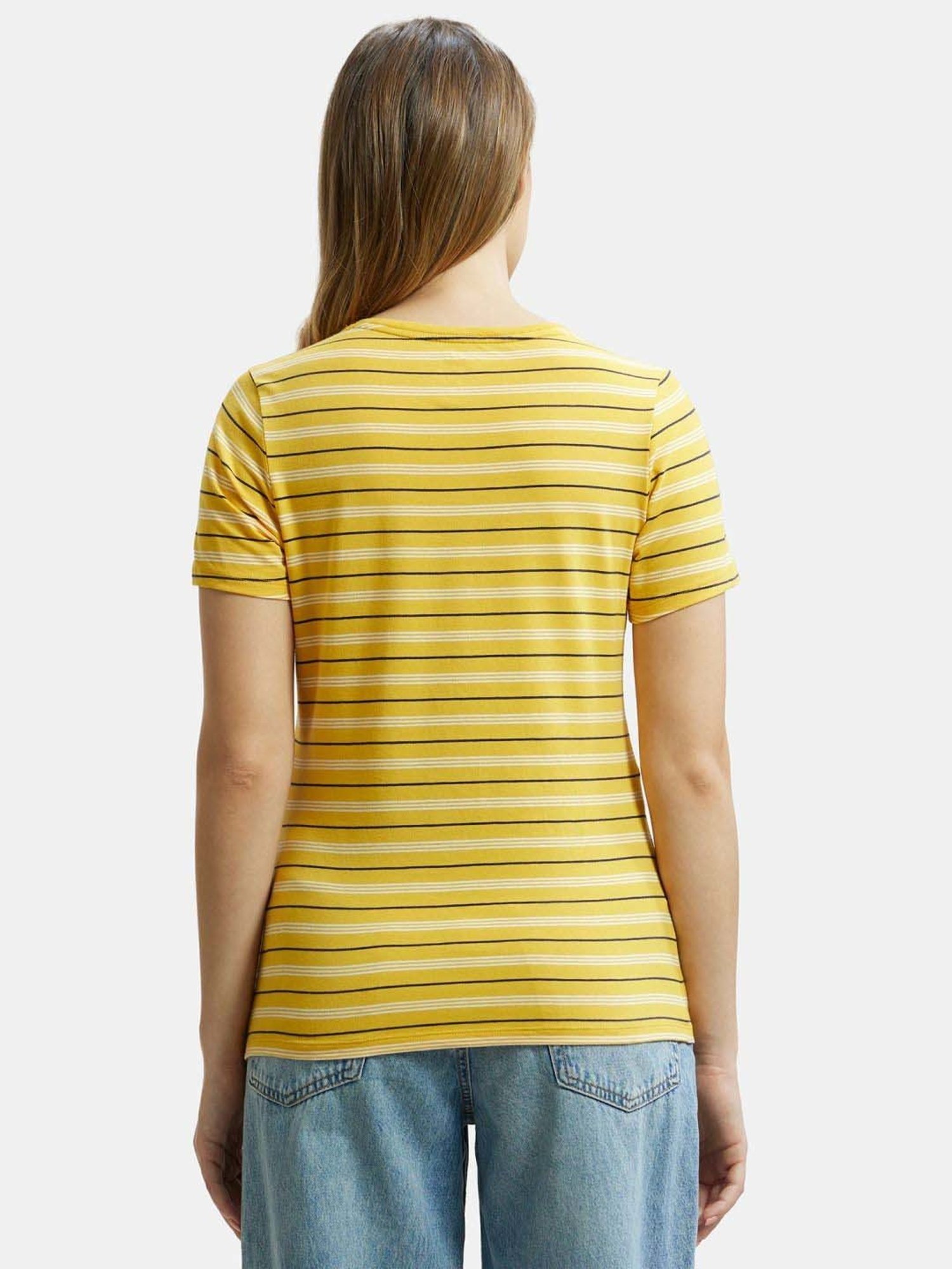 Jockey AW22 Women's Super Combed Cotton Elastane Regular Fit Striped V Neck Half Sleeve T-Shirt