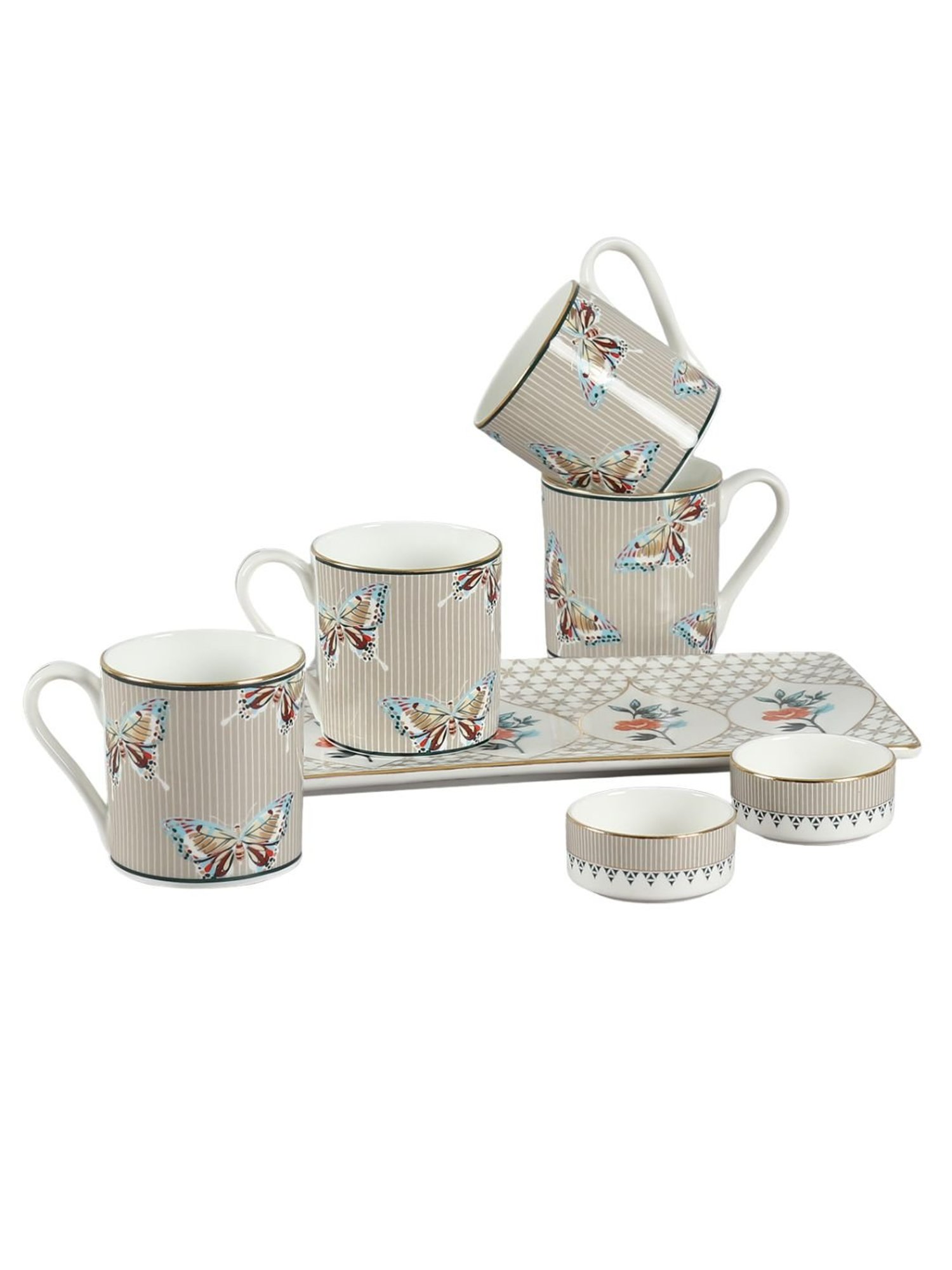 India Circus Abstract White Bone China Snack Set (Set of 7) Accented With 22 Carat Gold