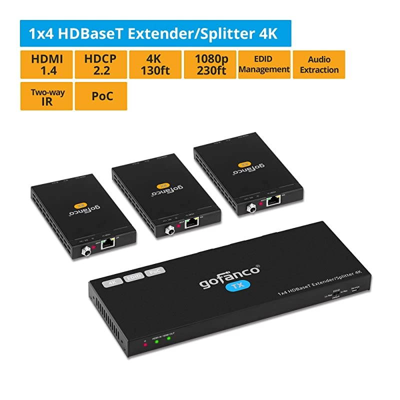 1x4 HDBaseT HDMI Extender Splitter 4K 60Hz Over Cat5e/6/7 Ethernet Cable - 4K @60Hz 4:2:0, 4K @30Hz 4:4:4 Up to 130ft and 1080p Up to 230ft 3D, PoC, Dual IR, HDCP 2.2 (1 in 4 Out / 4-Port)