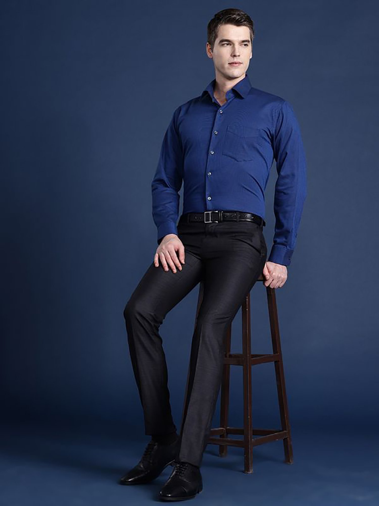 Hancock Navy Cotton Slim Fit Solid Shirts