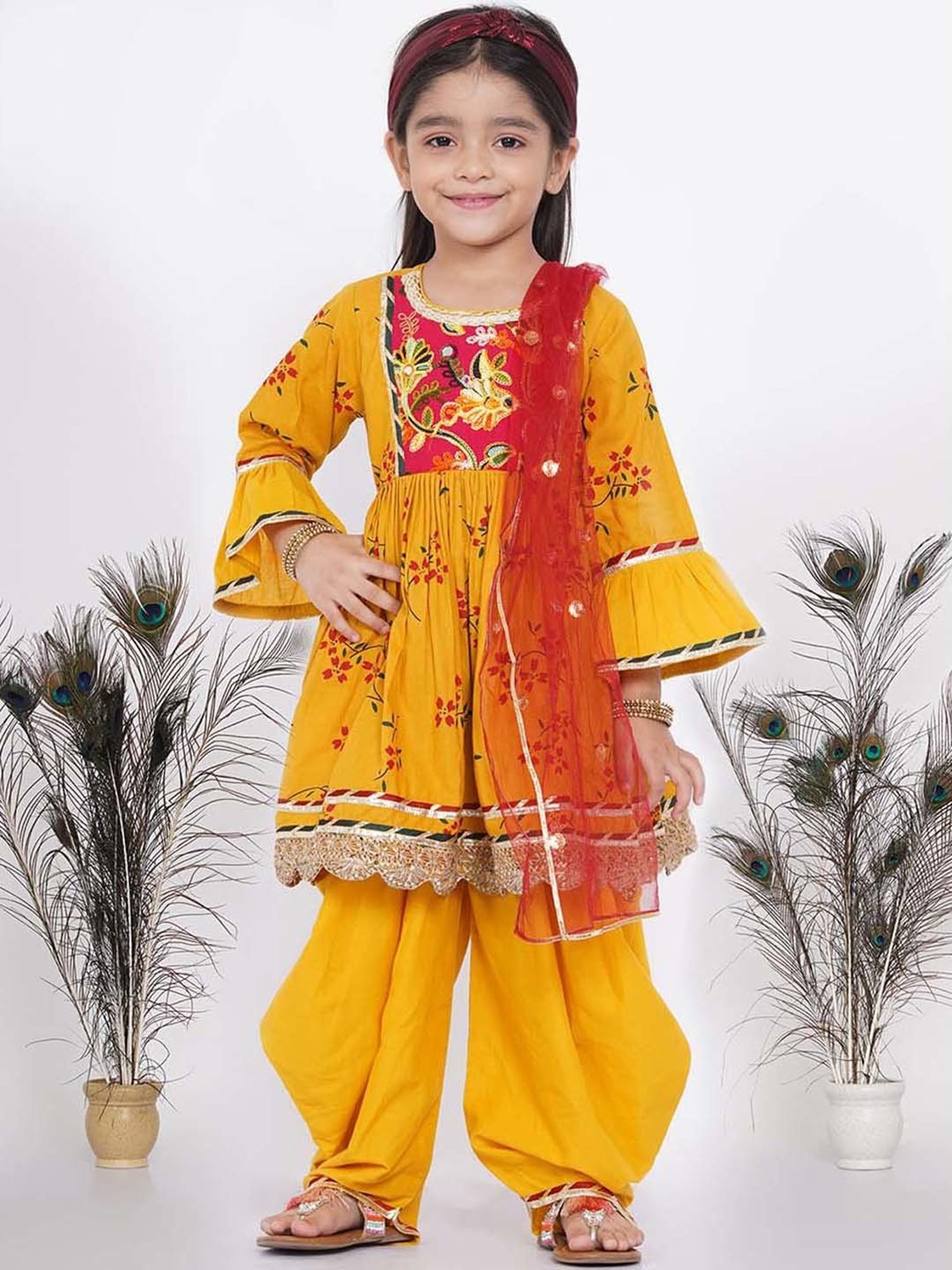 Little Bansi Kids Yellow & Red Cotton Floral Print Full Sleeves Kurta Set