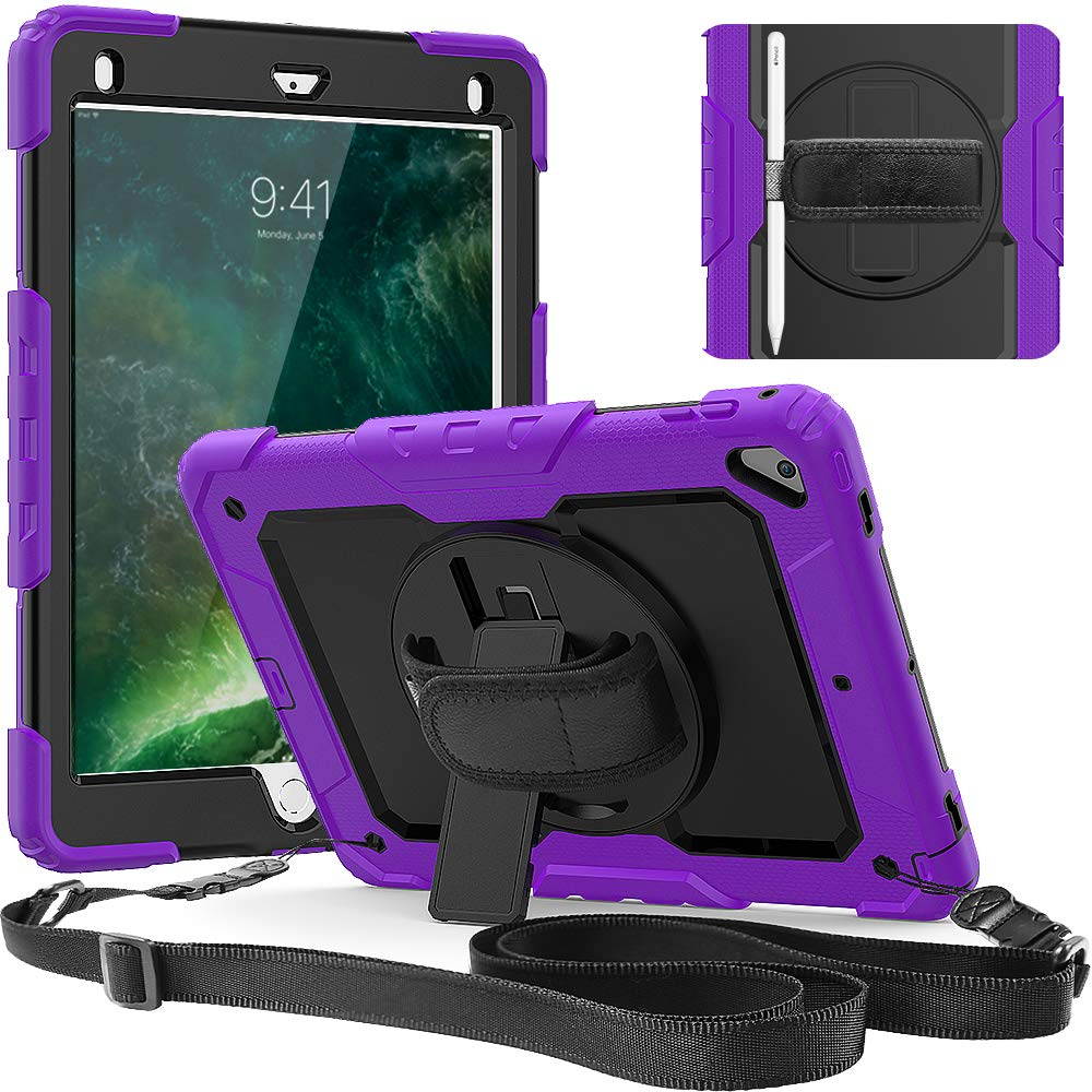 IPad 5th/6th Generation Case,Shockproof, Drop proof, 360 Degree Rotation Kickstand, Hand Strap,Shoulder Strip to Hang in Car Seat.Built-in Screen Protector for New iPad 9.7 2018/2017 Case