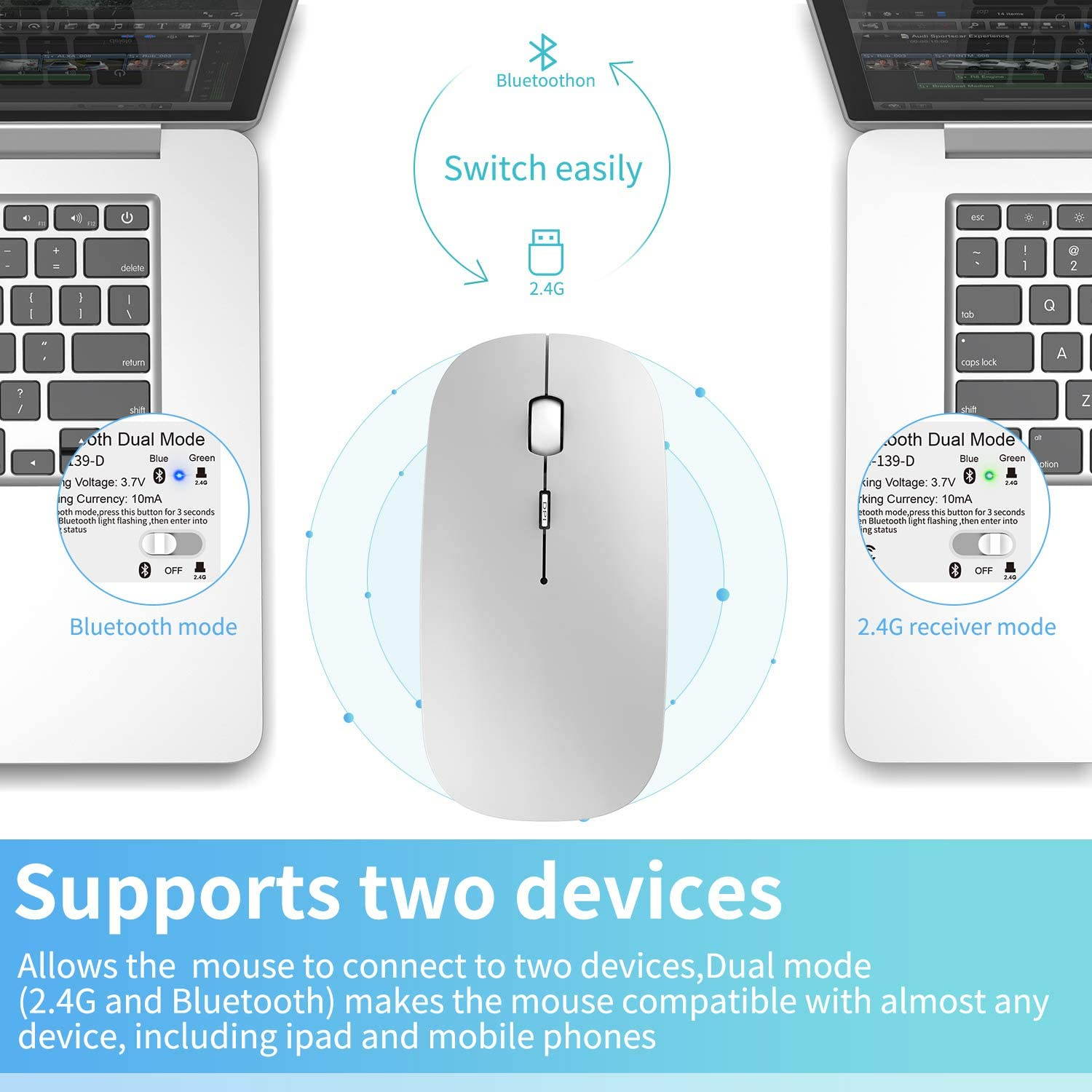 2.4GHz Wireless Bluetooth Mouse, 3 Adjustable DPI, Dual Mode Slim Rechargeable Wireless Mouse Silent USB Mice,Compatible for Laptop Windows Mac Android MAC PC Computer (Silver)