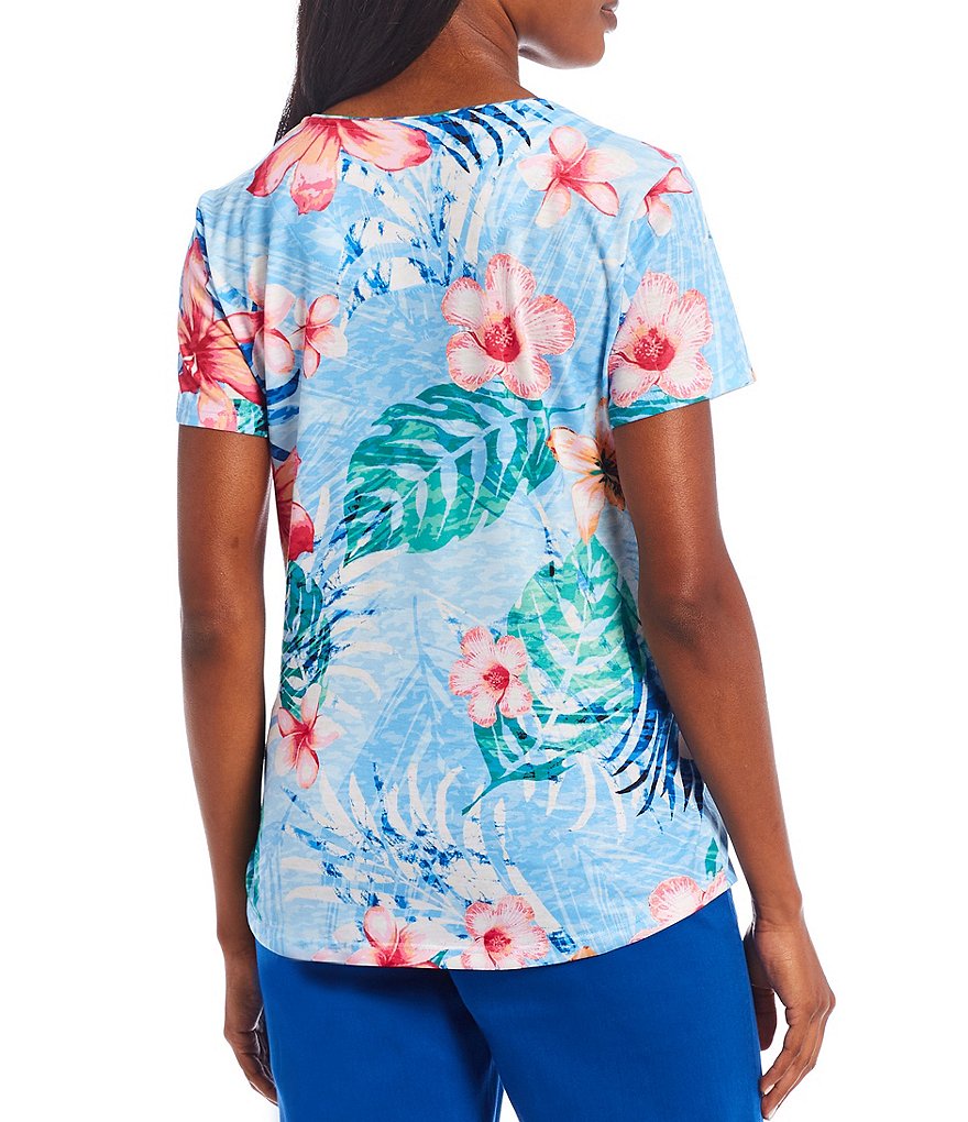 Allison Daley Petite Size Rainforest Tropical Print Embellished Front Detail Crew Neck Short Sleeve Top