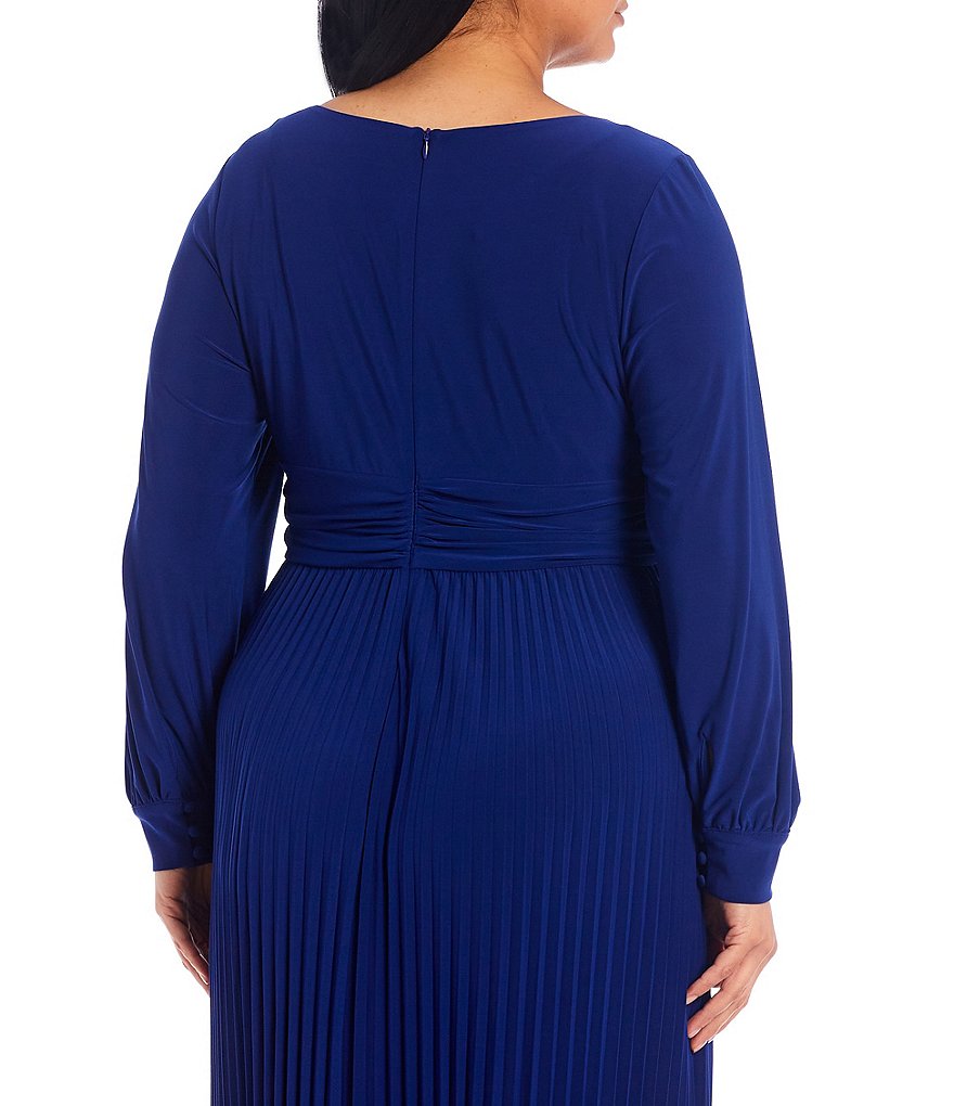 Jessica Howard Plus Size Long Sleeve Jewel Neck Ruched Pleat Skirt Midi Dress