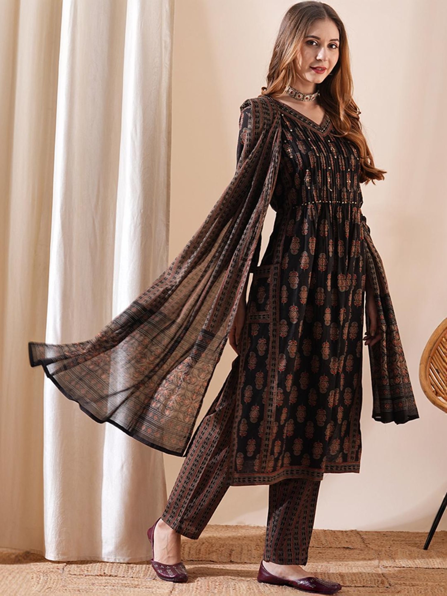 Fashor Brown Cotton Printed Kurta Pant Set With Dupatta