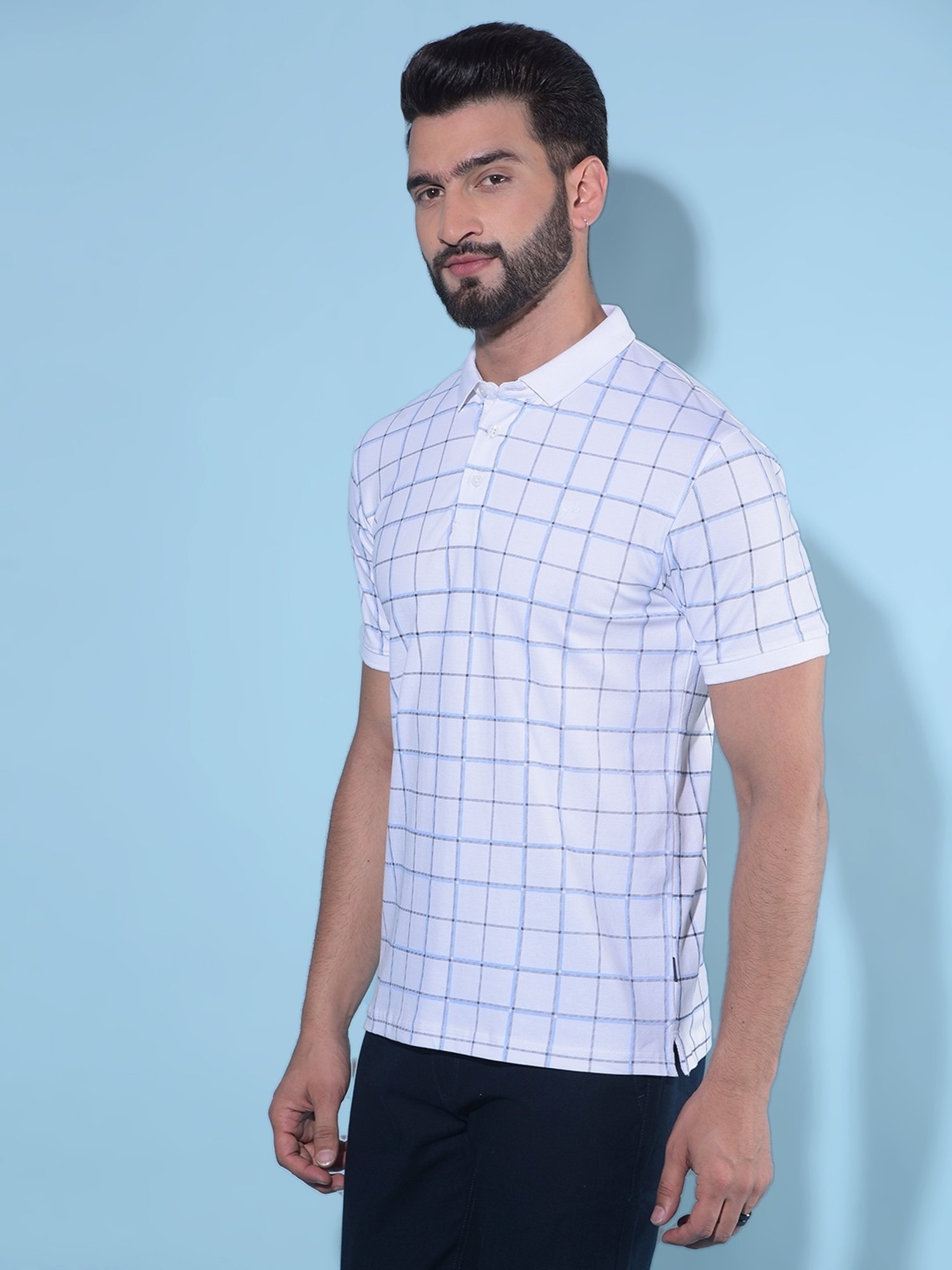 Crimsoune Club White Cotton Slim Fit Checks Polo T-Shirt