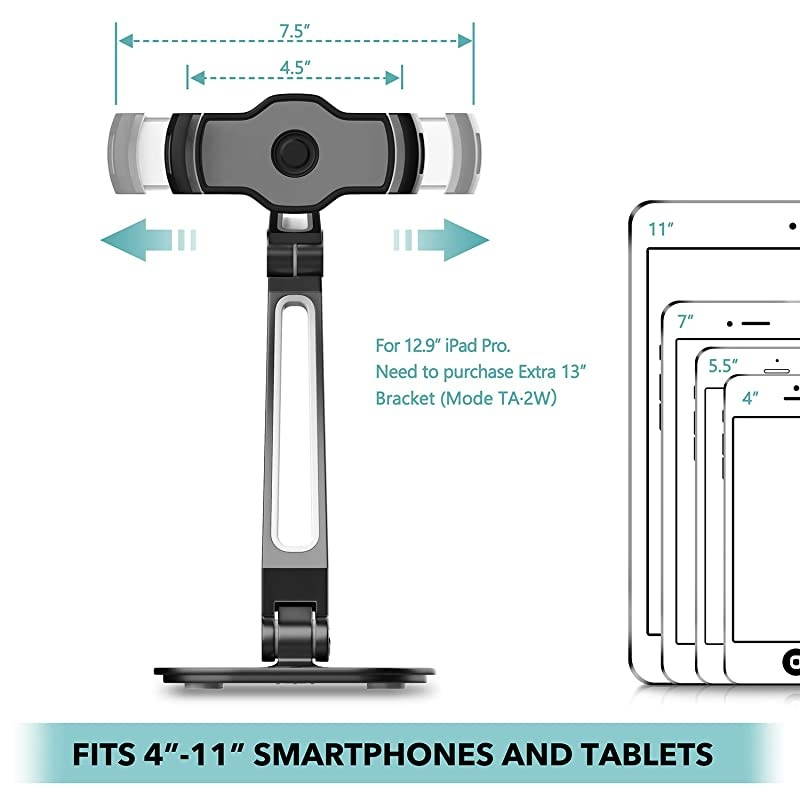 Long Arm Aluminum Tablet Stand, Folding iPad Stand with 360&deg; Swivel iPhone Clamp Mount Holder, Fits 4-11" Display Tablet/Phones for Kitchen Table Bedside Office Desk POS Kiosk Reception