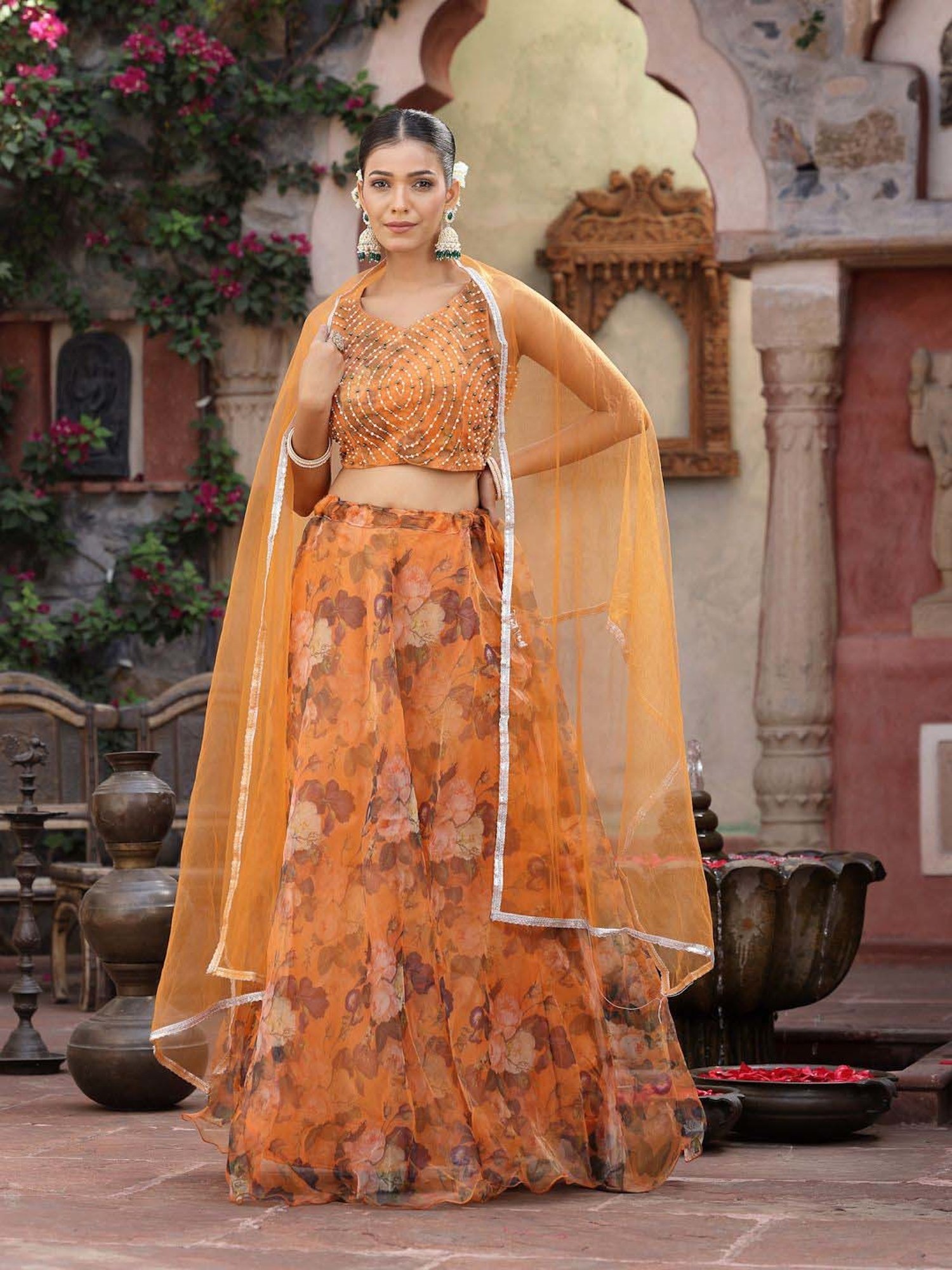 Stylum Orange Printed Lehenga Choli Set With Dupatta