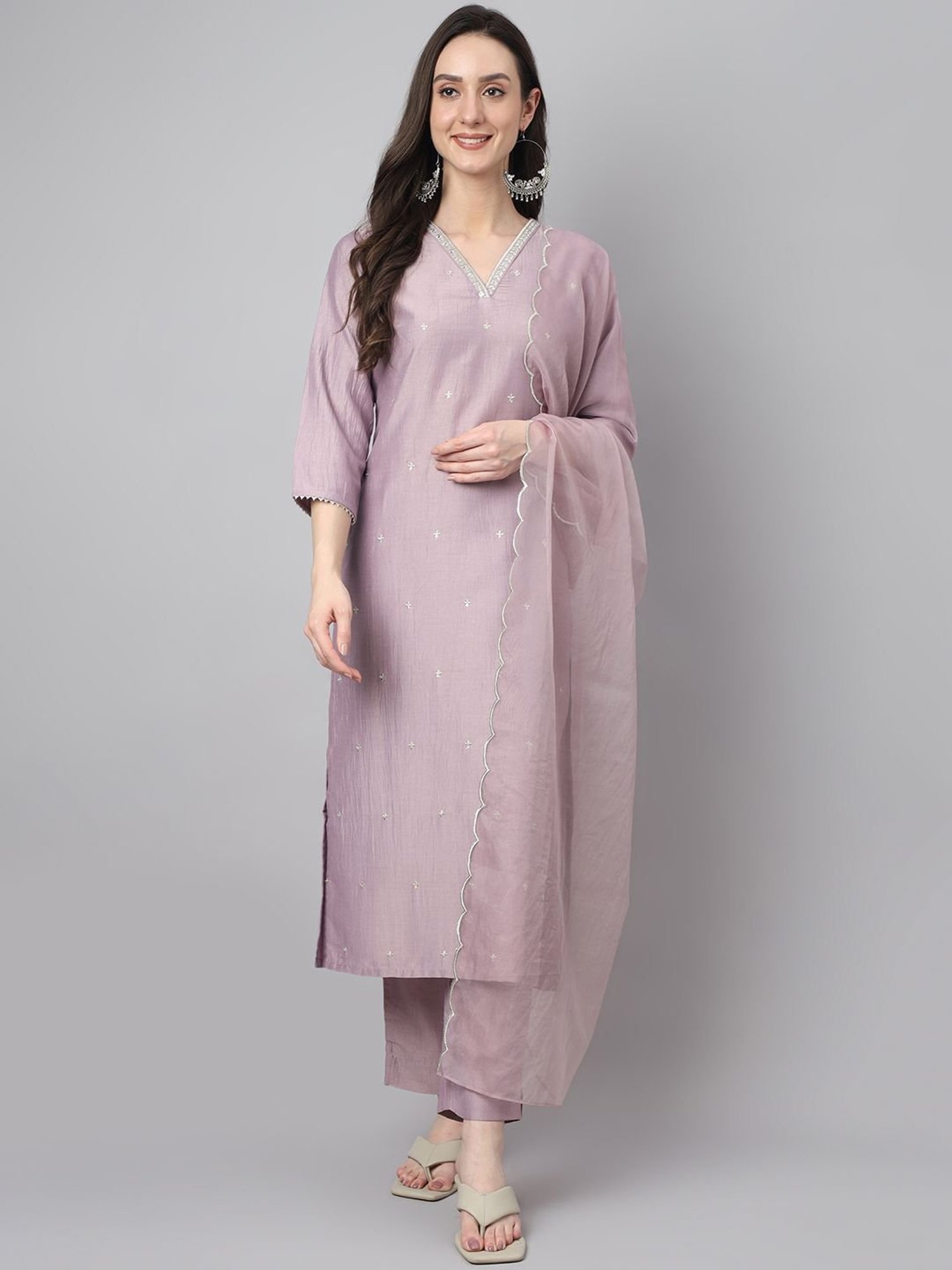 Janasya Purple Embroidered Kurta Pant Set With Dupatta
