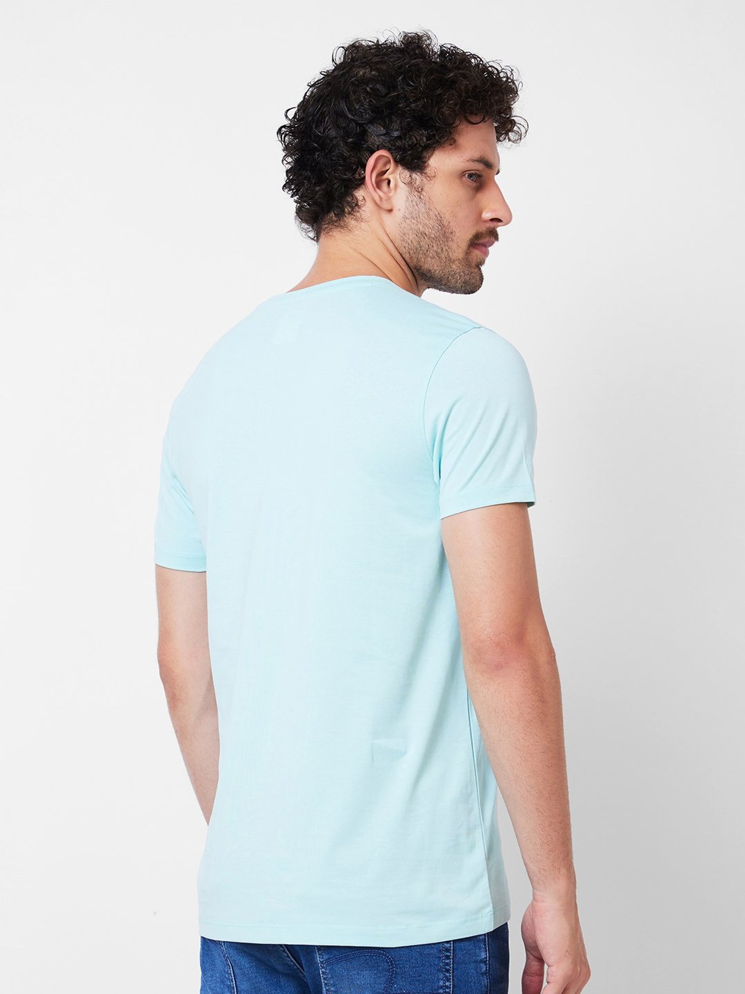 Spykar Light Blue Slim Fit Printed Crew T-Shirt