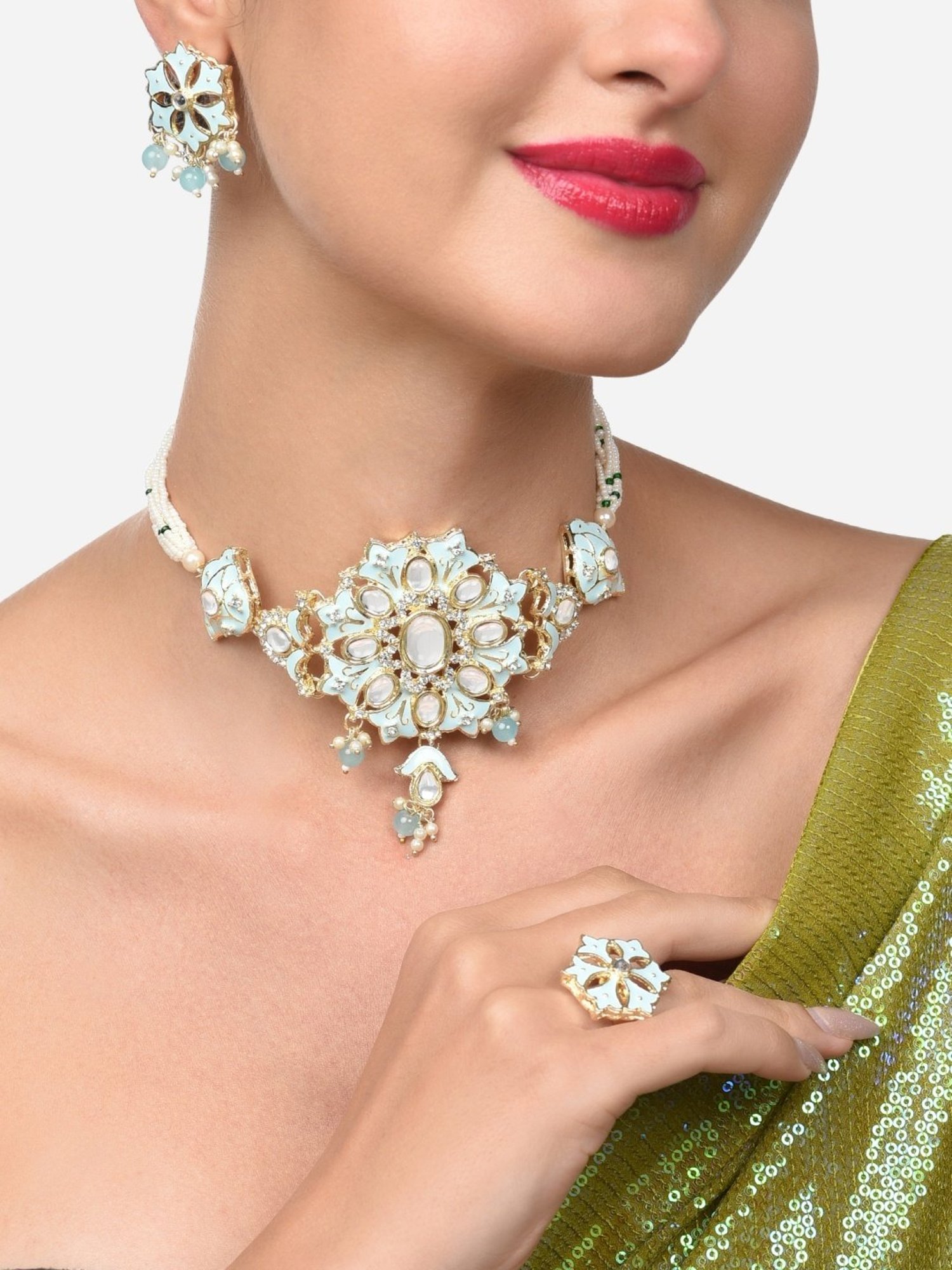 Zaveri Pearls Turquoise Meenakari Multistrand Kundan Necklace, Earring & Ring Set