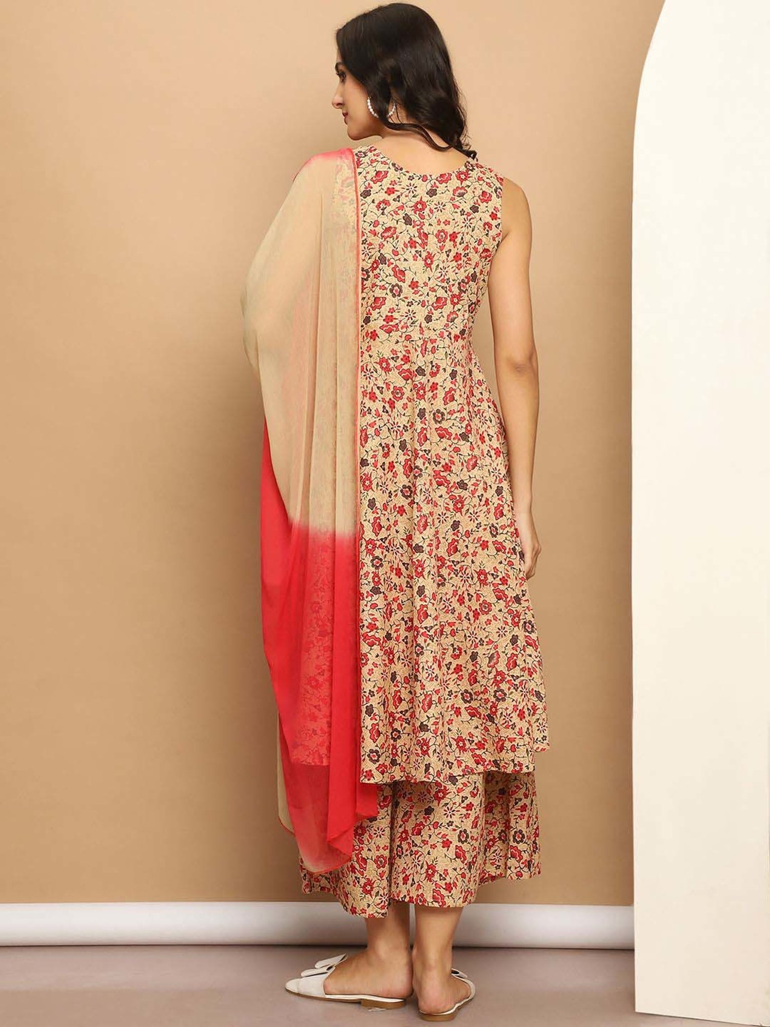 Jompers Beige Cotton Printed Kurta Palazzo Set With Dupatta
