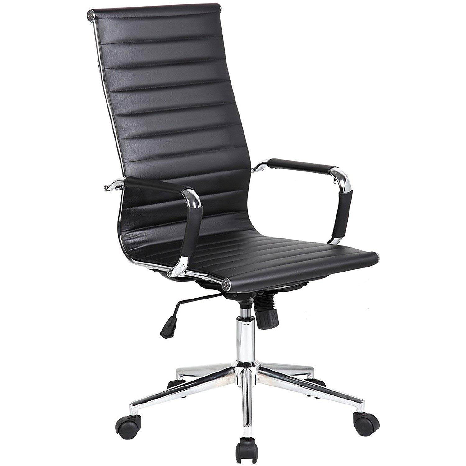 eMod Eames Comfortable Office Chair with Tilt Lock Lever, Ribbed High Back for Tall People, Tension Knob,  360 Degree Perfect Swivel Motion, Polished Aluminum Arms and Base - BLACK COLOR