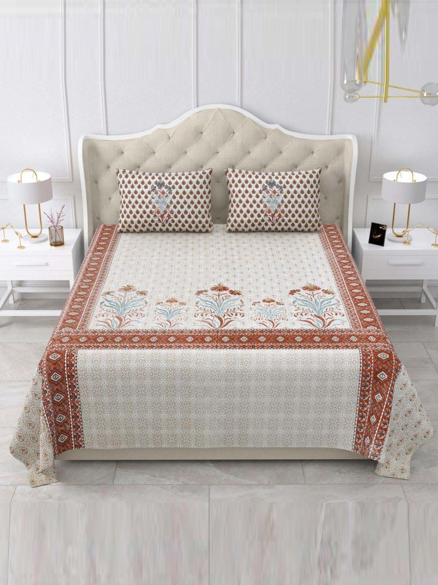 BELLA CASA Gulmohar Grey & Brown Cotton 450 TC King Bedsheet with 2 Pillow Covers