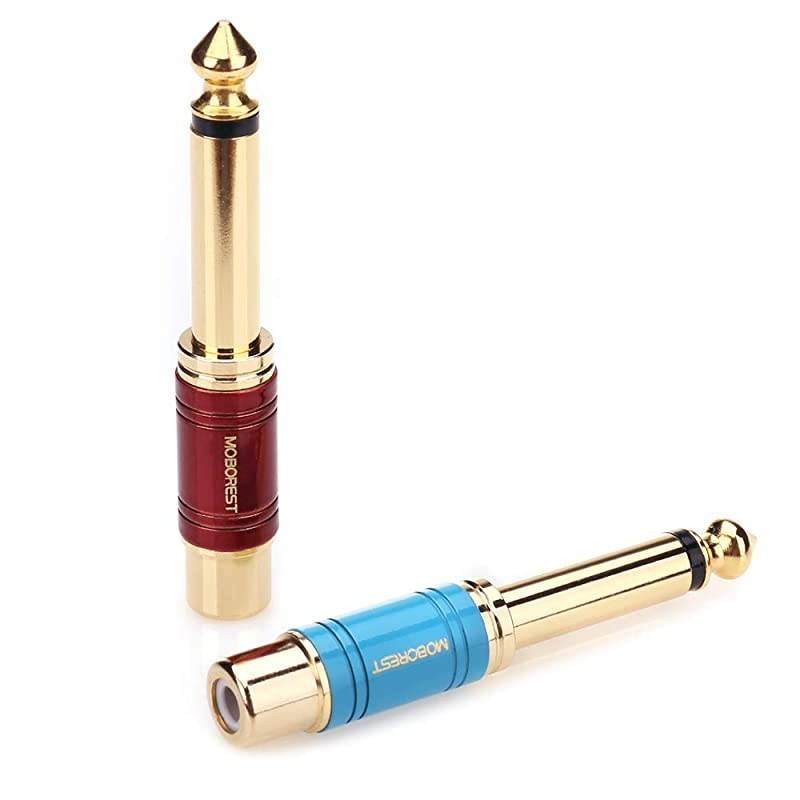 RCA to 14  RCA to 635mm Mono Plug TS Audio Adaptor 14 in Male to RCA Female Phono Pure Copper Color Paint Adapter Coupler Connector 1Red+1Blue