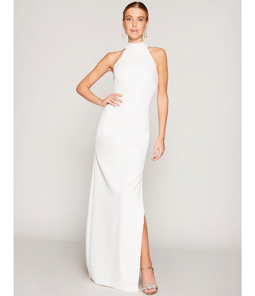 Belle Badgley Mischka Reese Halter Neck Crepe Side Slit Gown