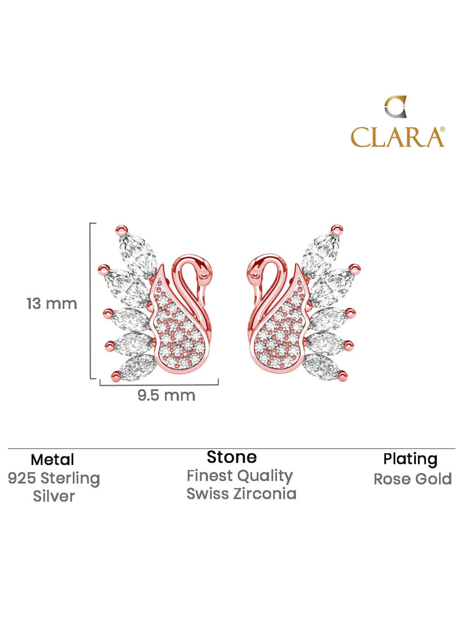 Clara 925 Silver Rose Gold Plated Swiss Zirconia Dancing Swan Stud Earrings Gift for Women