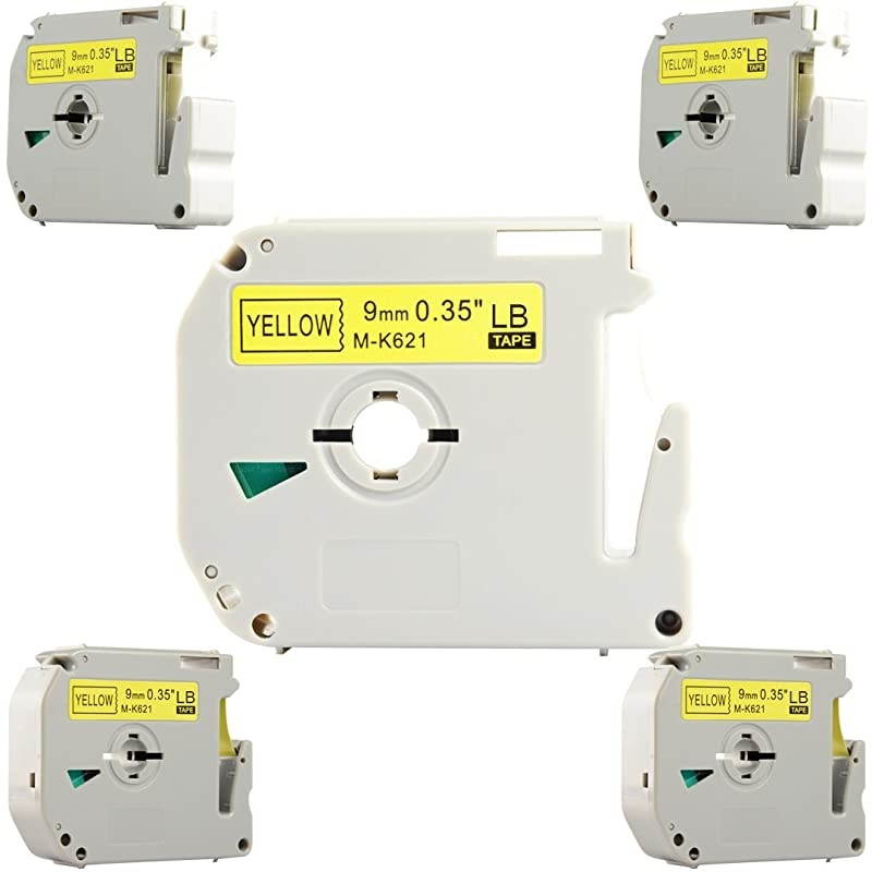 M621 M-K621 M-621 MK621s 0.35 Inch (3/8" x 26.3 Feet (9mm x 8m),Black on Yellow Label Tapes,Compatible for Brother P-Touch Label Makers PTM95 PT90 PT65 PT80 (9mm Black on Yellow, 5 Pack)
