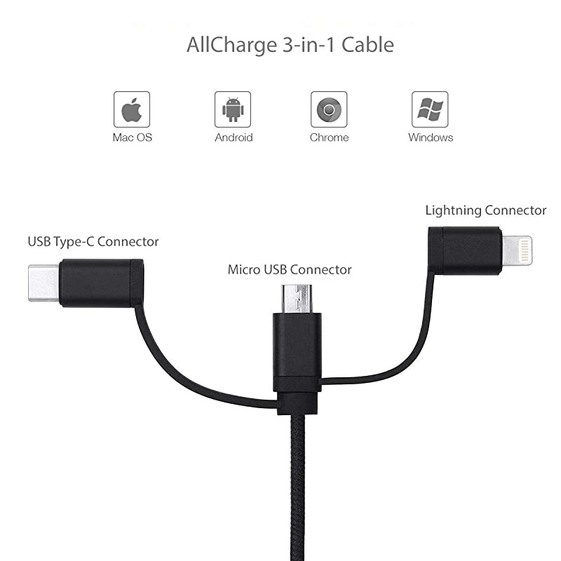 7050 Cable BoxWave AllCharge 3in1 Cable for 7050 Jet Black