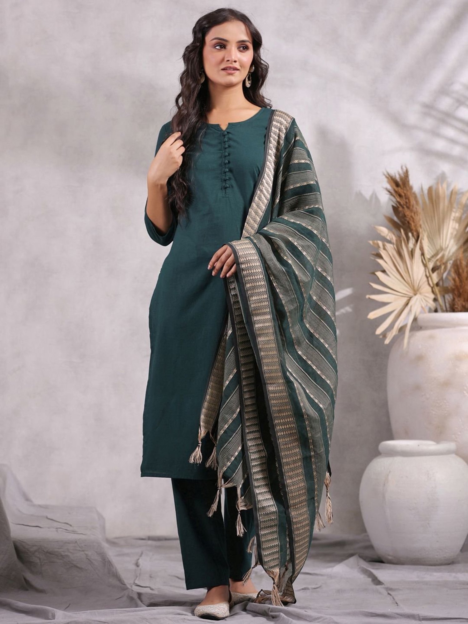 Anubhutee Green Cotton Kurta Pant Set With Dupatta