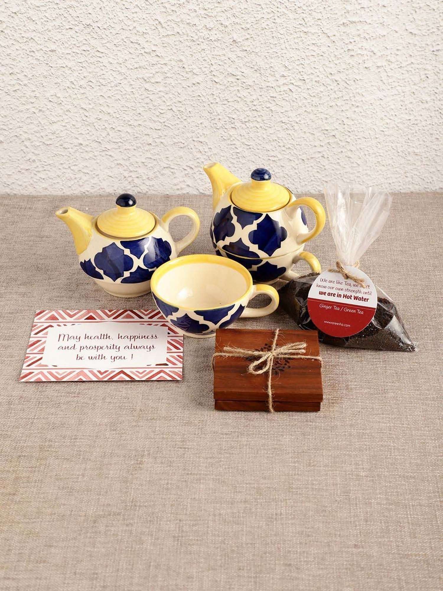 VarEesha TEAmo Hand Painted Blue & Yellow Ceramic Tea Set