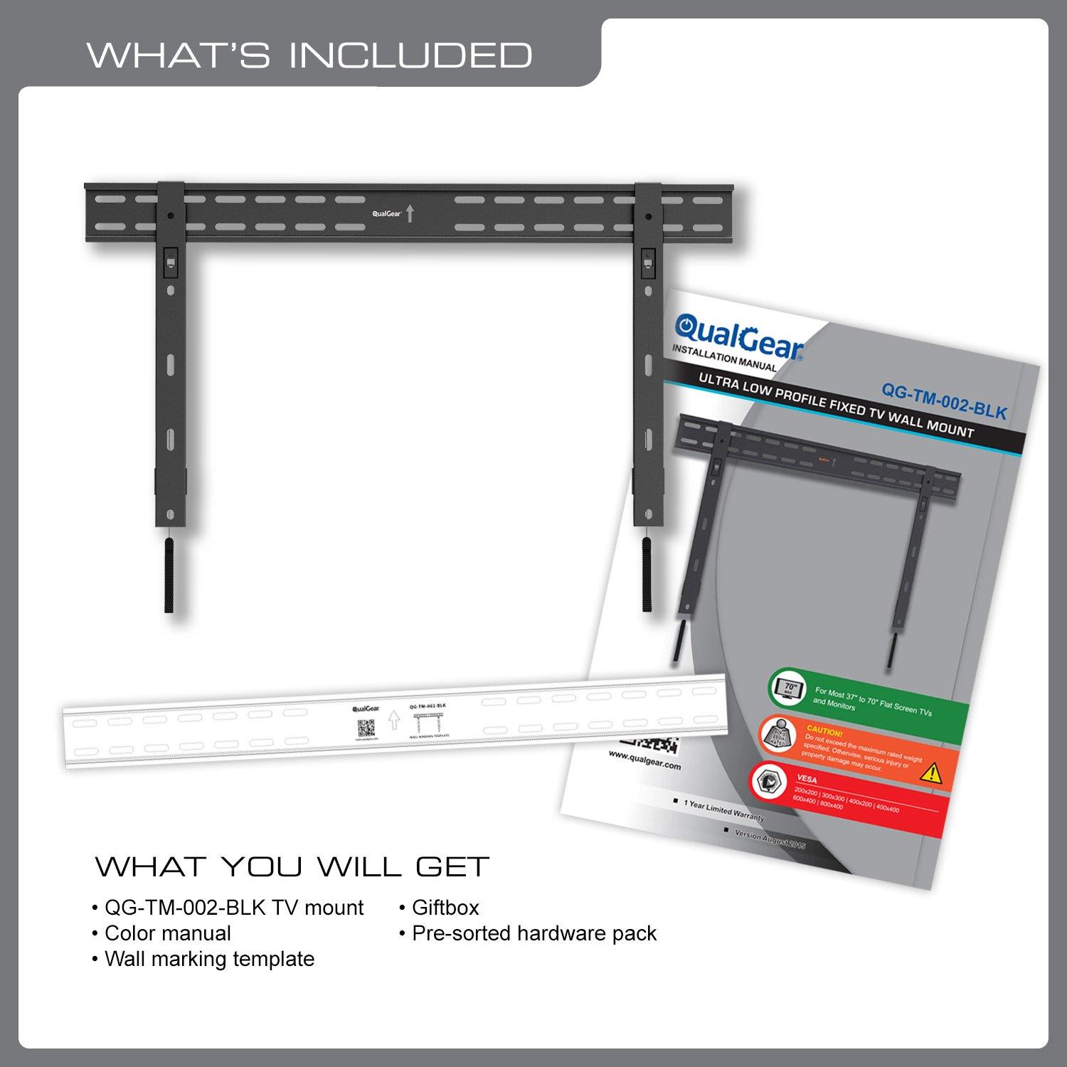 QualGear QG-TM-002-BLK 37-Inch to 70-Inch Universal Ultra Slim Low Profile Fixed Wall Mount LED TVs, Black