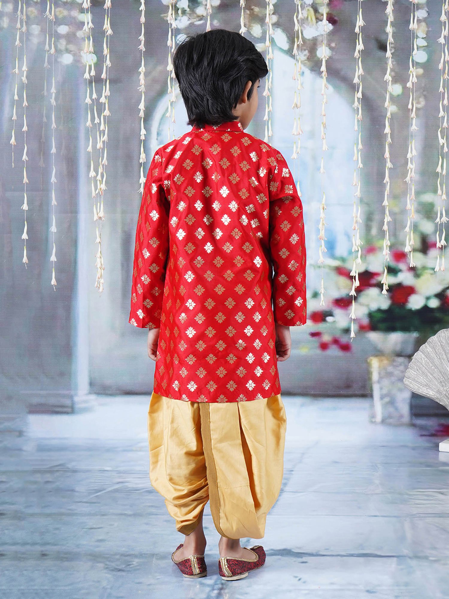 Little Bansi Kids Red & Gold Self Design Full Sleeves Sherwani with Dhoti